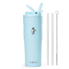 Coolflask - Slim Tumbler Stainless Steel with Straw & Handle - Fits Car Cup Holder - 32oz Blue