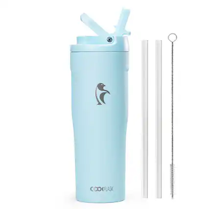 Front. Coolflask - Slim Tumbler Stainless Steel with Straw & Handle - Fits Car Cup Holder - 32oz Blue.