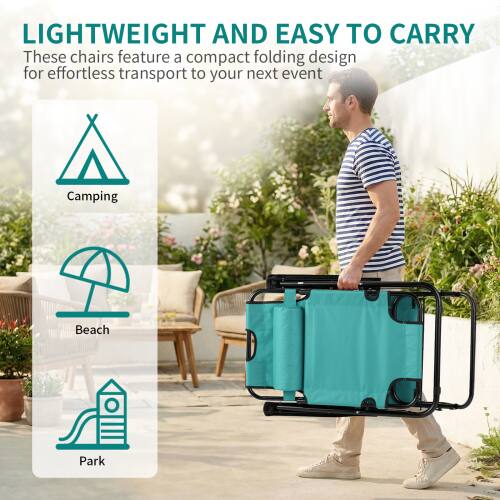 LIGHTWEIGHT AND EASY TO CARRY

These chairs feature a compact folding design for effortless transport to your next event

Camping  
Beach  
Park