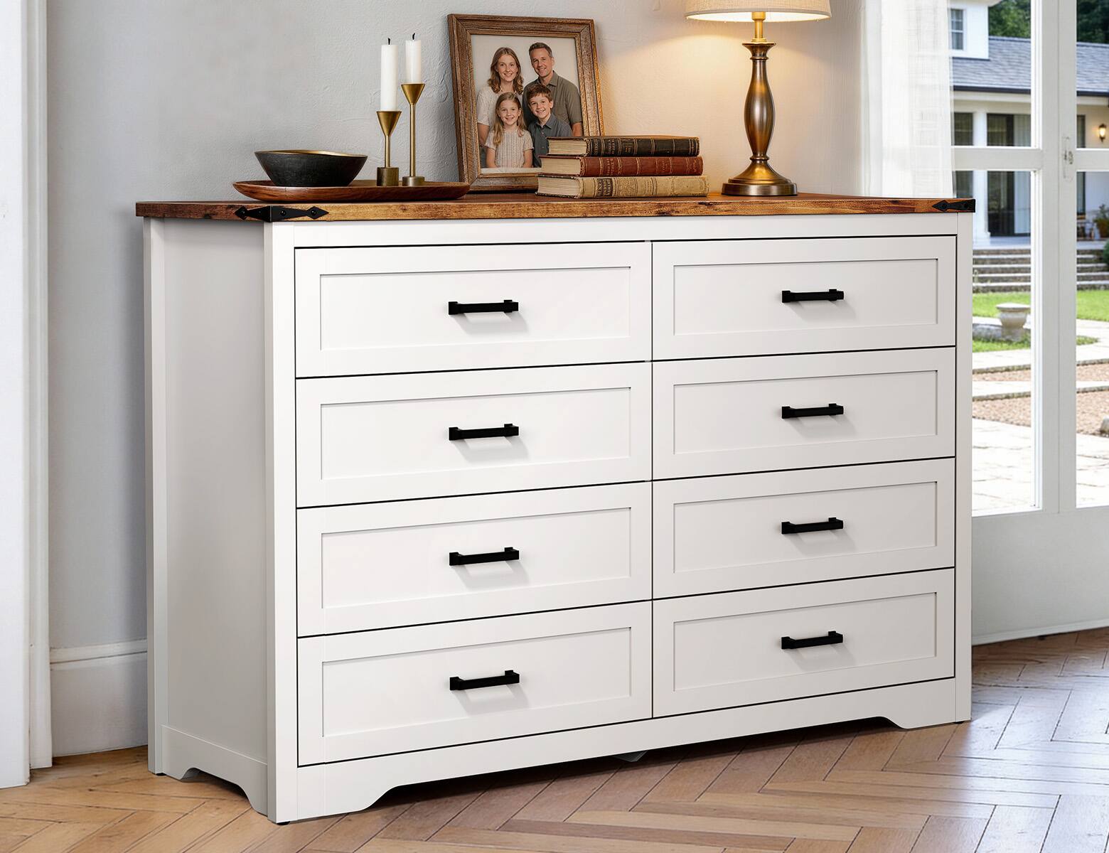 Angle. Koligey - 8-Drawer Dresser 54"W Double Dresser With Rustic Brown Top Panel - white.