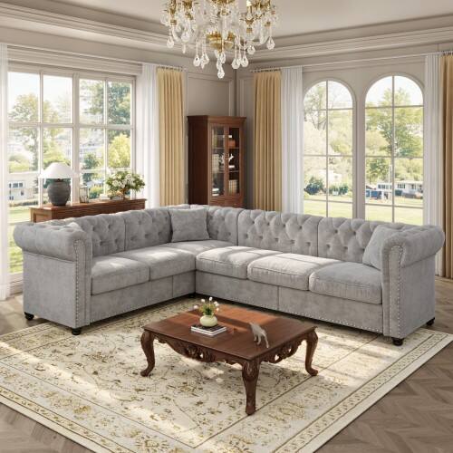 Angle. Anysun - 107" L-Shaped Chesterfield Tufted Sectional Sofa with Rolled Arms & Nailhead Trim – Chenille Deep Seat Sofa Couch - Light Grey.