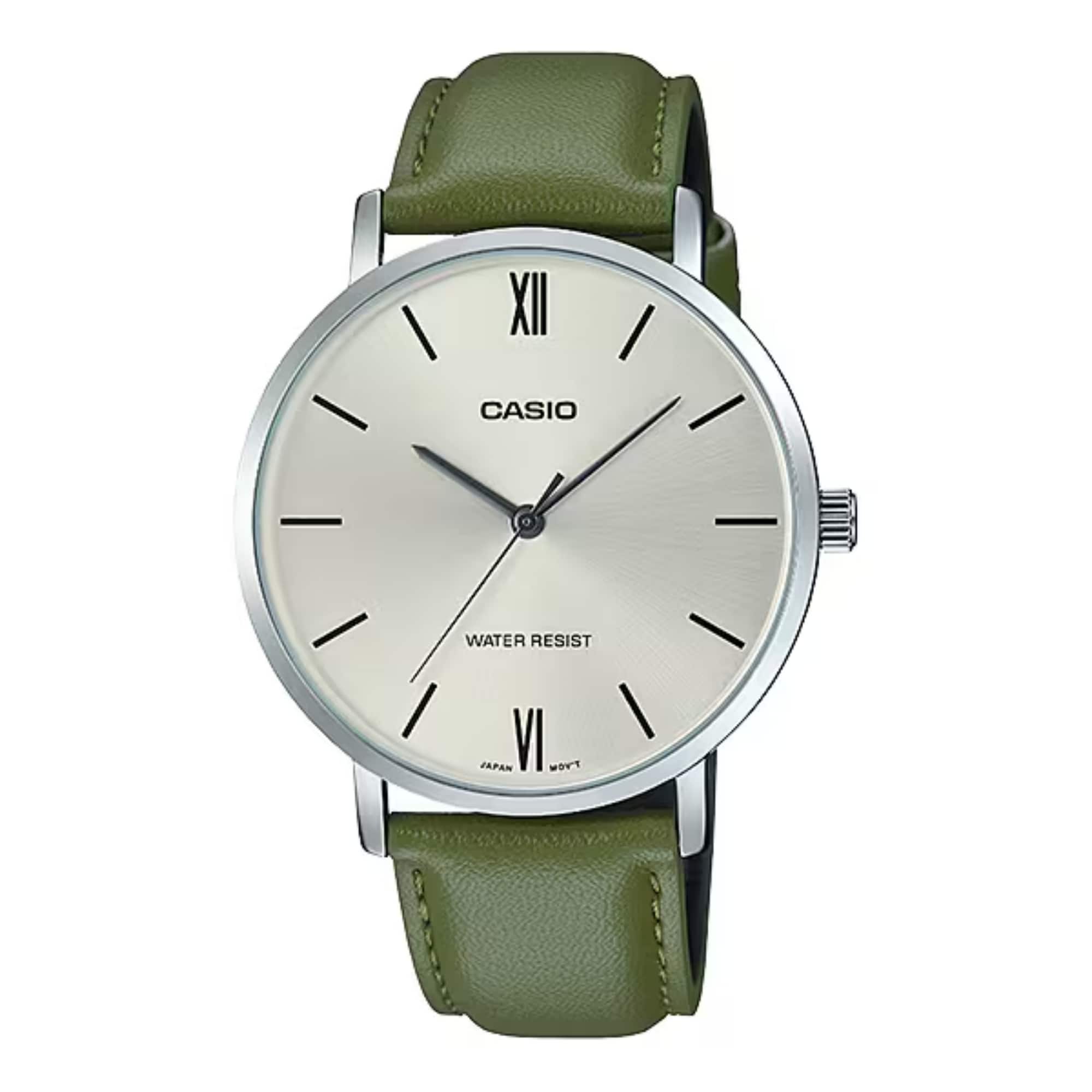 Casio - Men’s Silver Dial Watch with Leather Strap - MTP-VT01L-3BUDF - Green