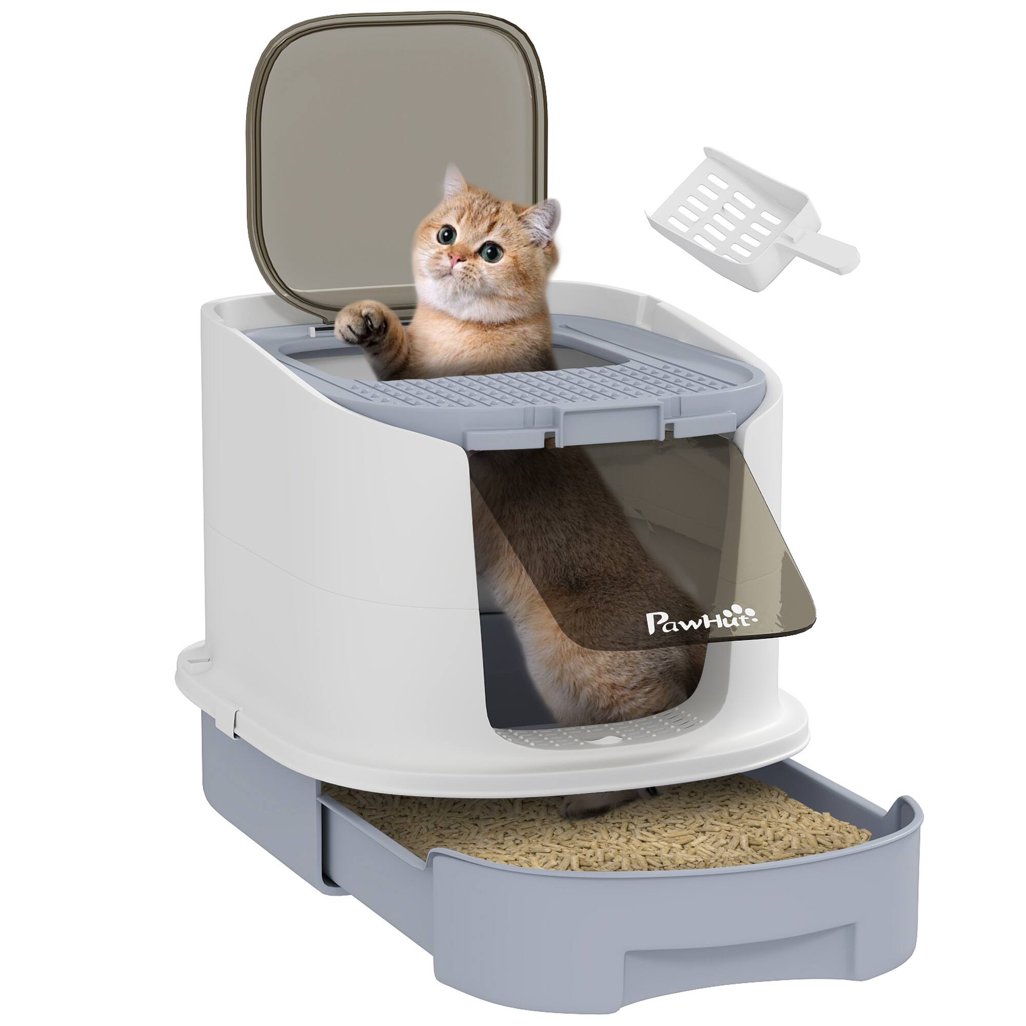 Front. Pawhut - Cat Litter Box with Lid, Covered Kitty Litter Box Enclosed with Scoop, Drawer, Deodorizing Bags, Odor Control - Gray.