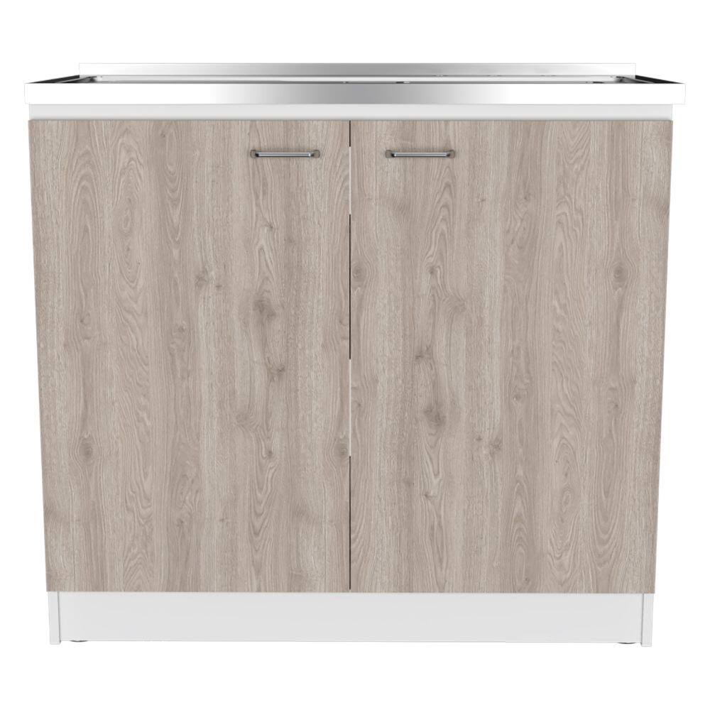 Angle. TinyHomie - Napoles Smokey Oak Light Gray Utility Sink with Cabinet 1 Shelf Double Door - brown.
