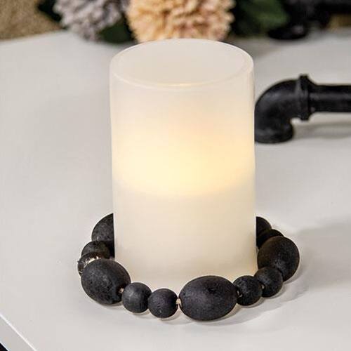 Angle. BreeBe - *Black Distressed Wood Oval Bead Candle Ring - Black.