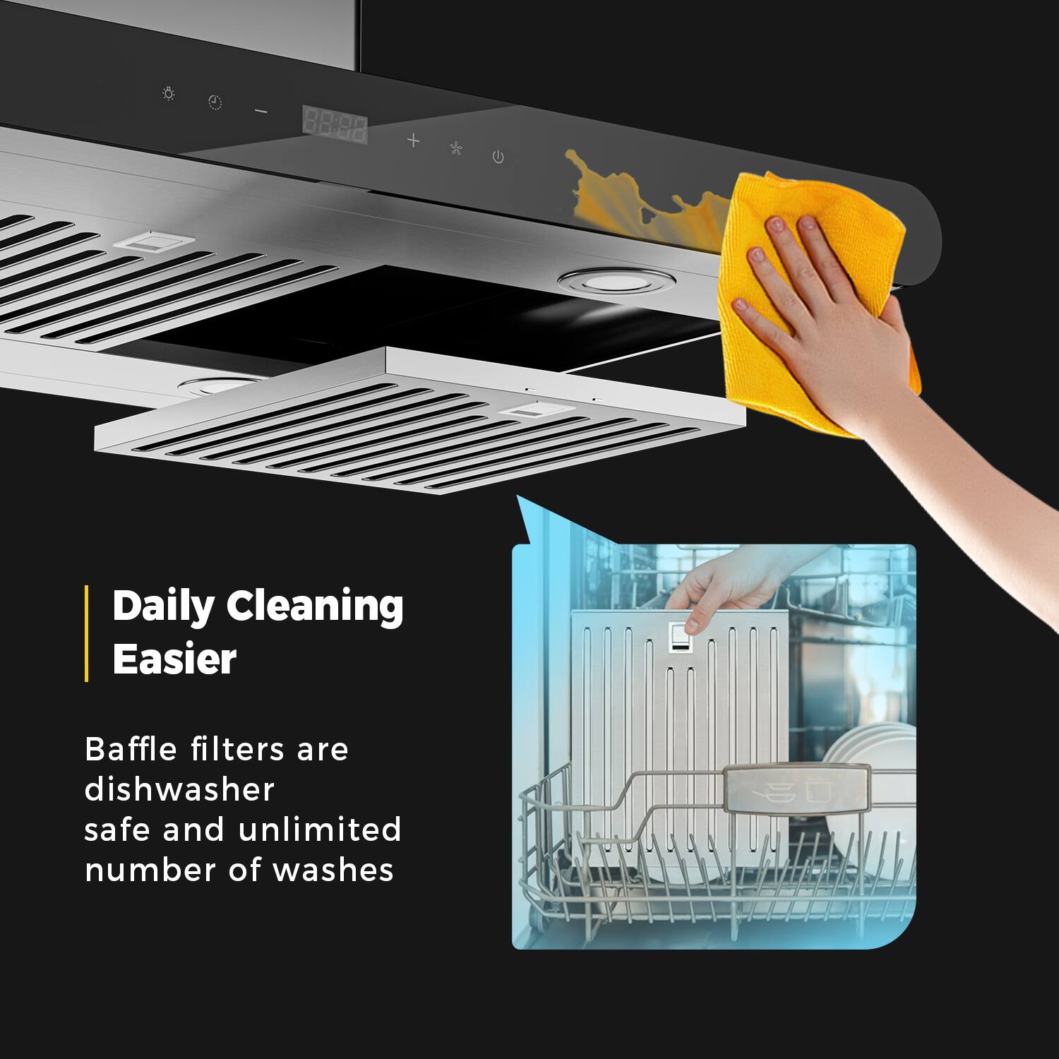 Daily Cleaning Easier: Baffle filters are dishwasher safe and provide an unlimited number of washes.