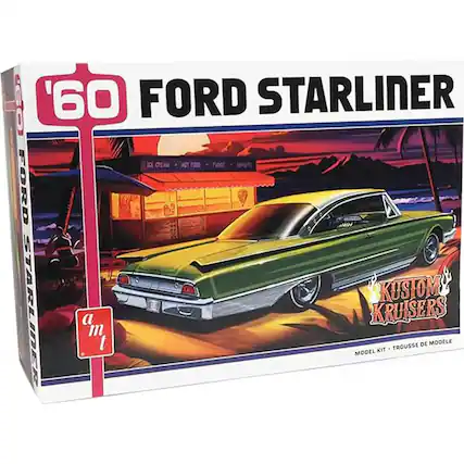 Sure, here is the corrected and grouped text from the image:
---
**'60 FORD STARLINER**
**KUSTOM KRUISERS**
**a m t**
**MODEL KIT • TROUSSE DE MODELE**
---
This text is from the packaging of a model kit for a 1960 Ford Starliner.