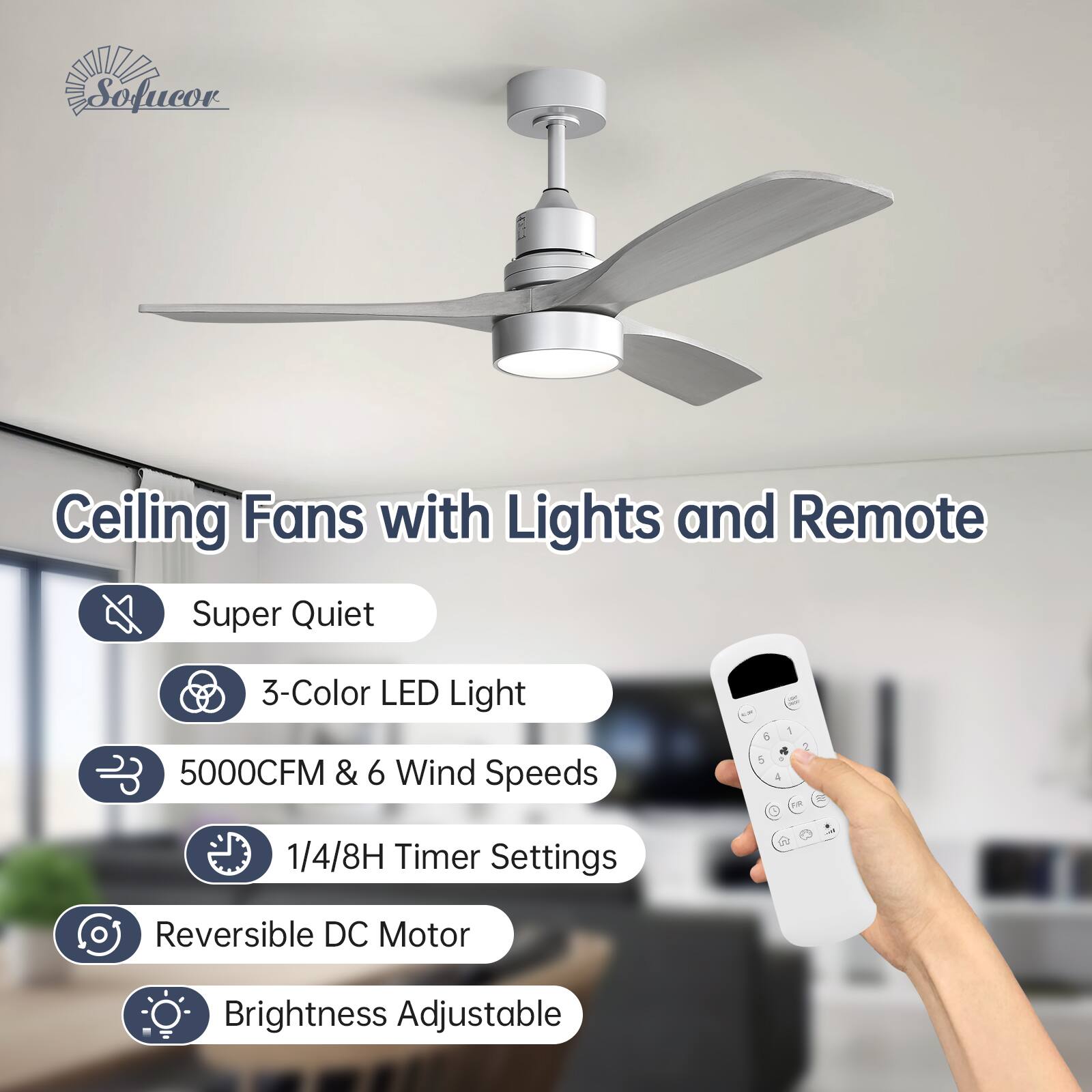 Sofucor - 52 Inch Modern Solid Wood Ceiling Fan With Light and Remote 6 Speeds/Reversible Quiet DC for Bedroom Indoor/Outdoor - Silver Grey Wood