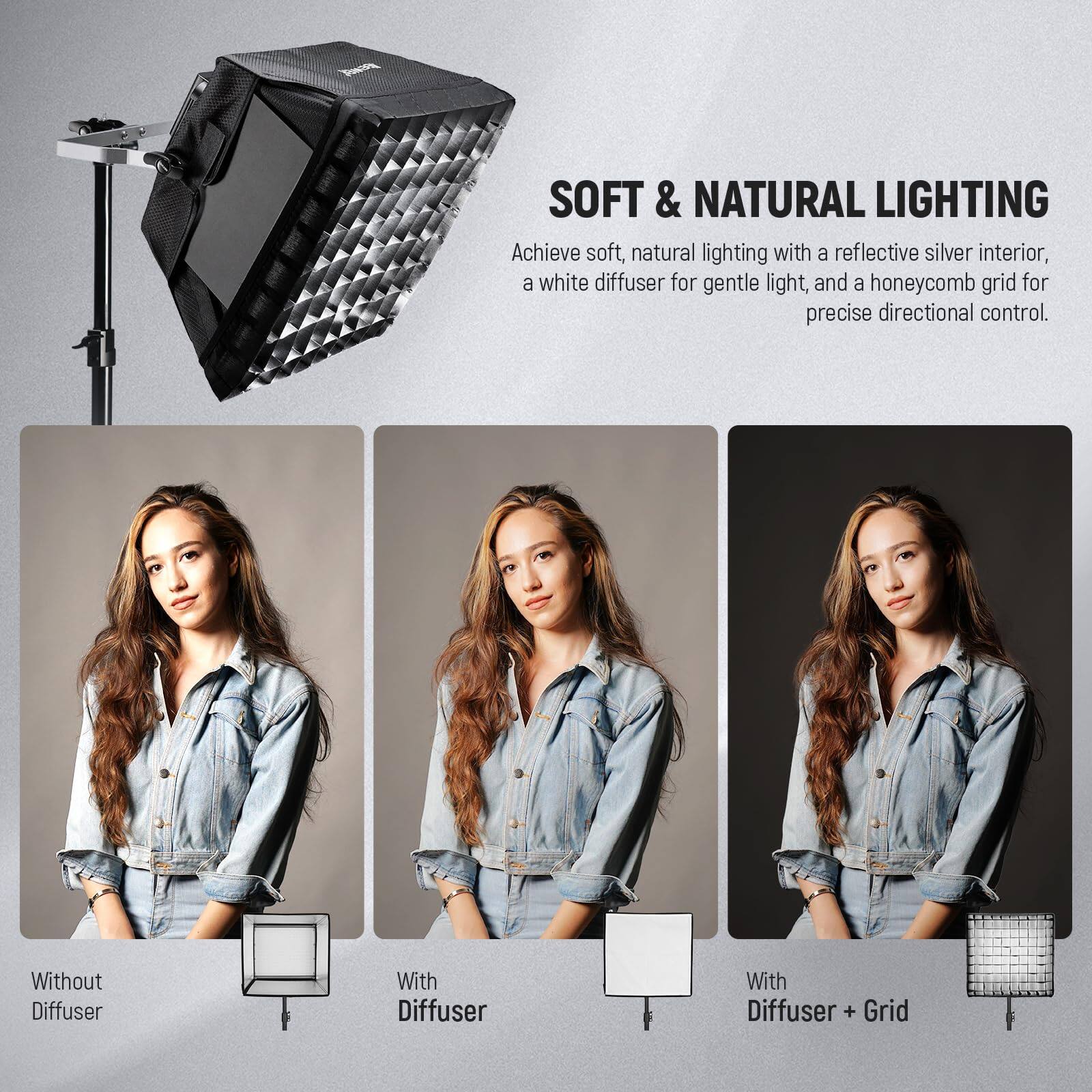 **SOFT & NATURAL LIGHTING**

Achieve soft, natural lighting with a reflective silver interior, a white diffuser for gentle light, and a honeycomb grid for precise directional control.

- Without Diffuser
- With Diffuser
- With Diffuser + Grid