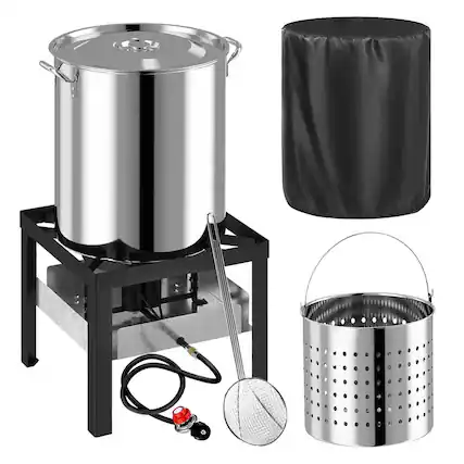 Front. FODINGHILL - 60QT Stainless Steel Outdoor Crawfish & Crab Boiler with Basket, Skimmer & Cover, Seafood Boiling Kit - silver.