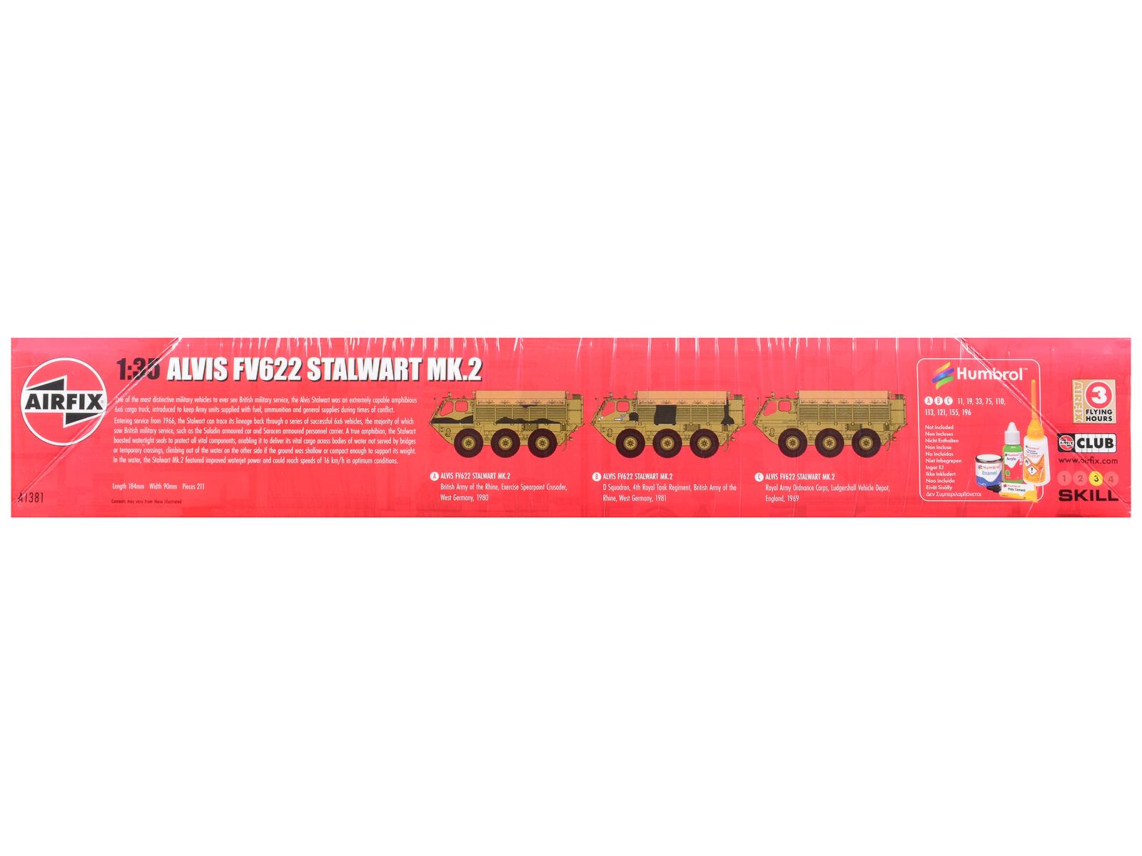1:30 ALVIS FV622 STALWART MK.2 AIRFIX

At the apex of military vehicles to ever see British military service, the Alvis Stalwart was an extremely capable 4x4 cargo truck, introduced to keep Army units supplied with fuel, ammunition and general supplies during times of conflict. Entering service in 1966, the Stalwart came to the fore through the series of successful 4x4 vehicles, the majority of which saw British military service, such as the Stalwart armoured car and Stalwart armoured personnel carrier. A true amphibious vehicle, the Stalwart could cross rivers, lakes and even the sea, with the water being pumped out of the water on the offer side if the ground was solid or export to the water. In the water, the Stalwart MK.2 featured improved waterjet power and could reach speeds of 16 km/h (10 mph) in column formation.

Length: 184 mm Width: 70 mm Pieces: 211

ALVIS FV622 STALWART MK.2
British Army of the Rhine, Exercise Spearpoint Cruise, West Germany, 1