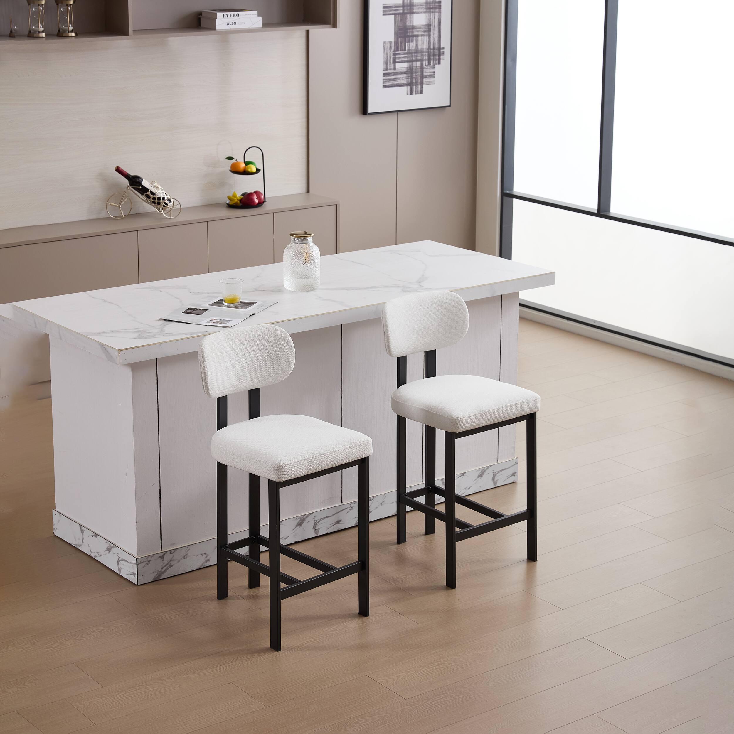 Alt View 6. APRILSOUL - Bar Stools Set of 2 26 inch Modern Upholstered Fabric Counter Height Kitchen Island Black Metal Legs - White.