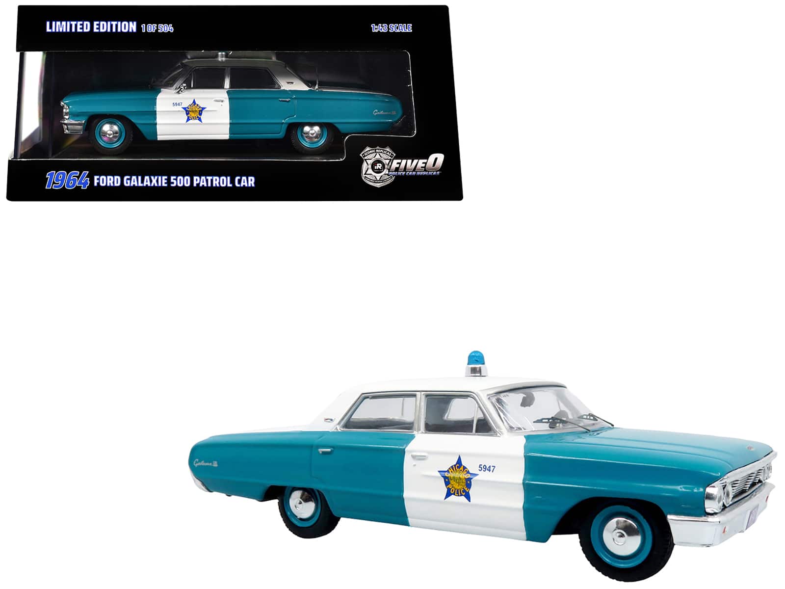 Iconic Replicas - 1964 Ford Galaxie 500 Police Car Chicago Police Department Blue White Five0 Series 1/43 Limited Edition 504 pcs - Blue and White