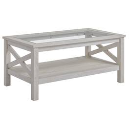 Homcom - Farmhouse Style Coffee Table with Wood Frame, Tempered Glass Tabletop and Underneath Storage Shelf - White Oak