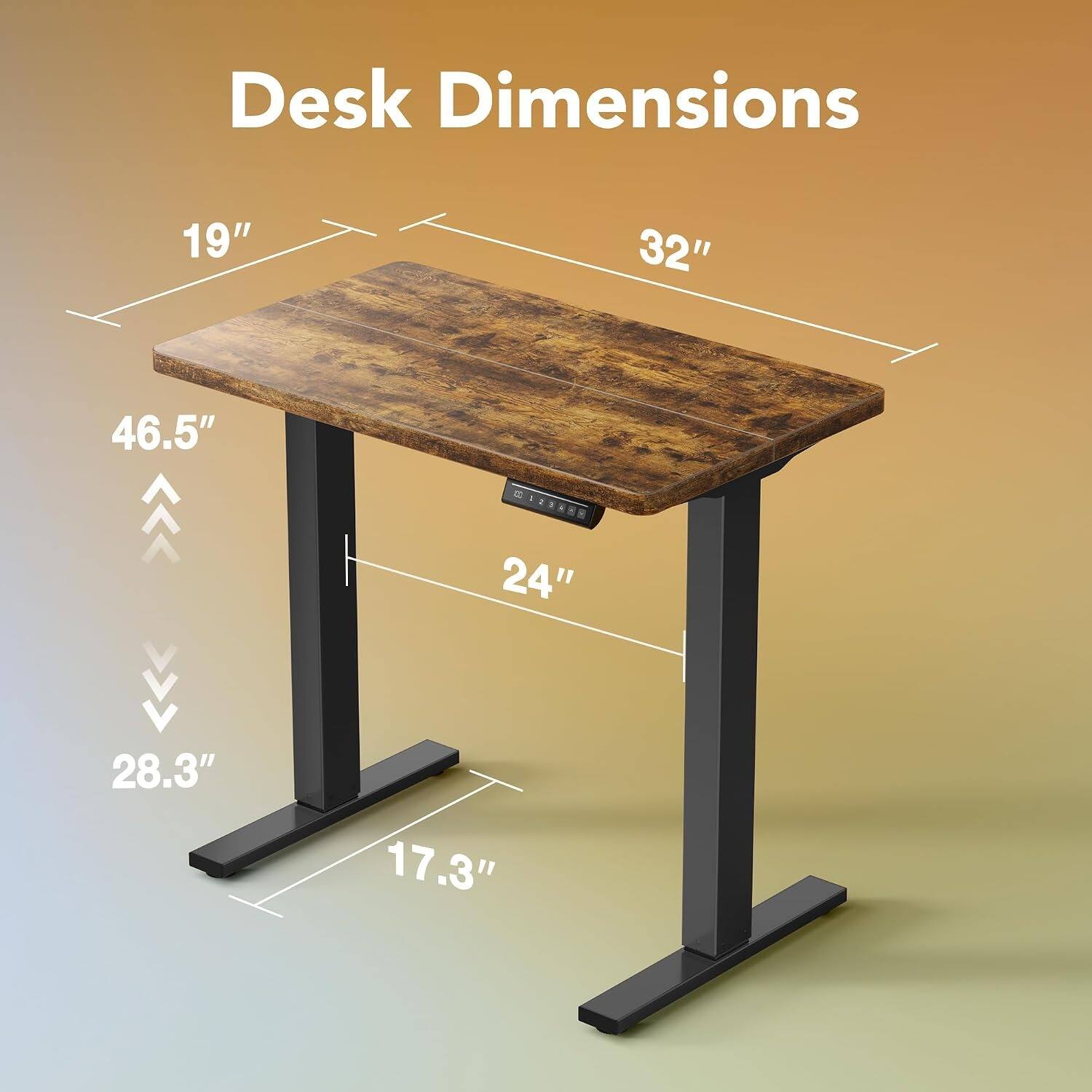 Desk Dimensions: 19" x 32" x 46.5" . 24" x 28.3" x 17.3"