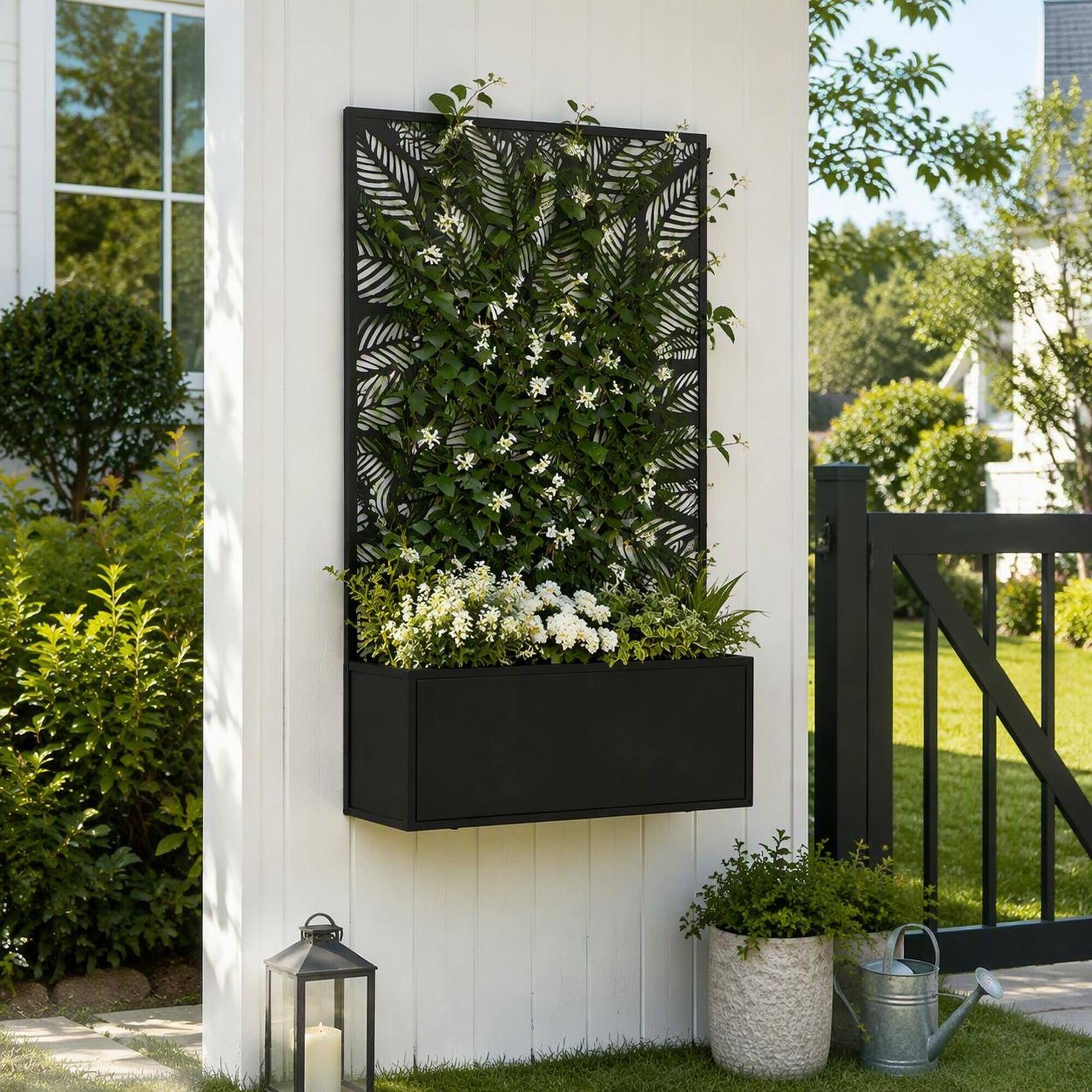 Alt View 1. RYHNUYNE - Wall Mounted Metal Raised Garden Bed with Decorative Privacy Panel Trellis, 24 Inch Black Planter Box for Climbing - Black.