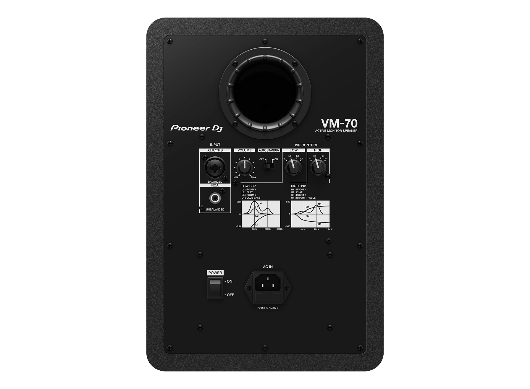 Pioneer DJ VM-70 ACTIVE MONITOR SPEAKER

INPUT
- XLR/TRS
  - BALANCED RCA
  - UNBALANCED

VOLUME
- MIN
- MAX

AUTOSTANDBY
- OFF
- ON

DSP CONTROL
- LOW
  - L1 CLUB BASS
  - L2 FLAT
- HIGH
  - H1 BRIGHT TREBLE
  - H2 FLAT

LOW DSP
- L1 CLUB BASS
- L2 FLAT

HIGH DSP
- H1 BRIGHT TREBLE
- H2 FLAT

POWER
- ON
- OFF

AC IN
- FUSE: 12A AL 250V

BALANCED FICA
- LOVE DSe
- AN
- SIPLAC
- SX
- L4
- HIGH DSP
- BXM
- L
- UNBALANCED
- L
- H1
- H2
- H4
- 12
- tute
- E