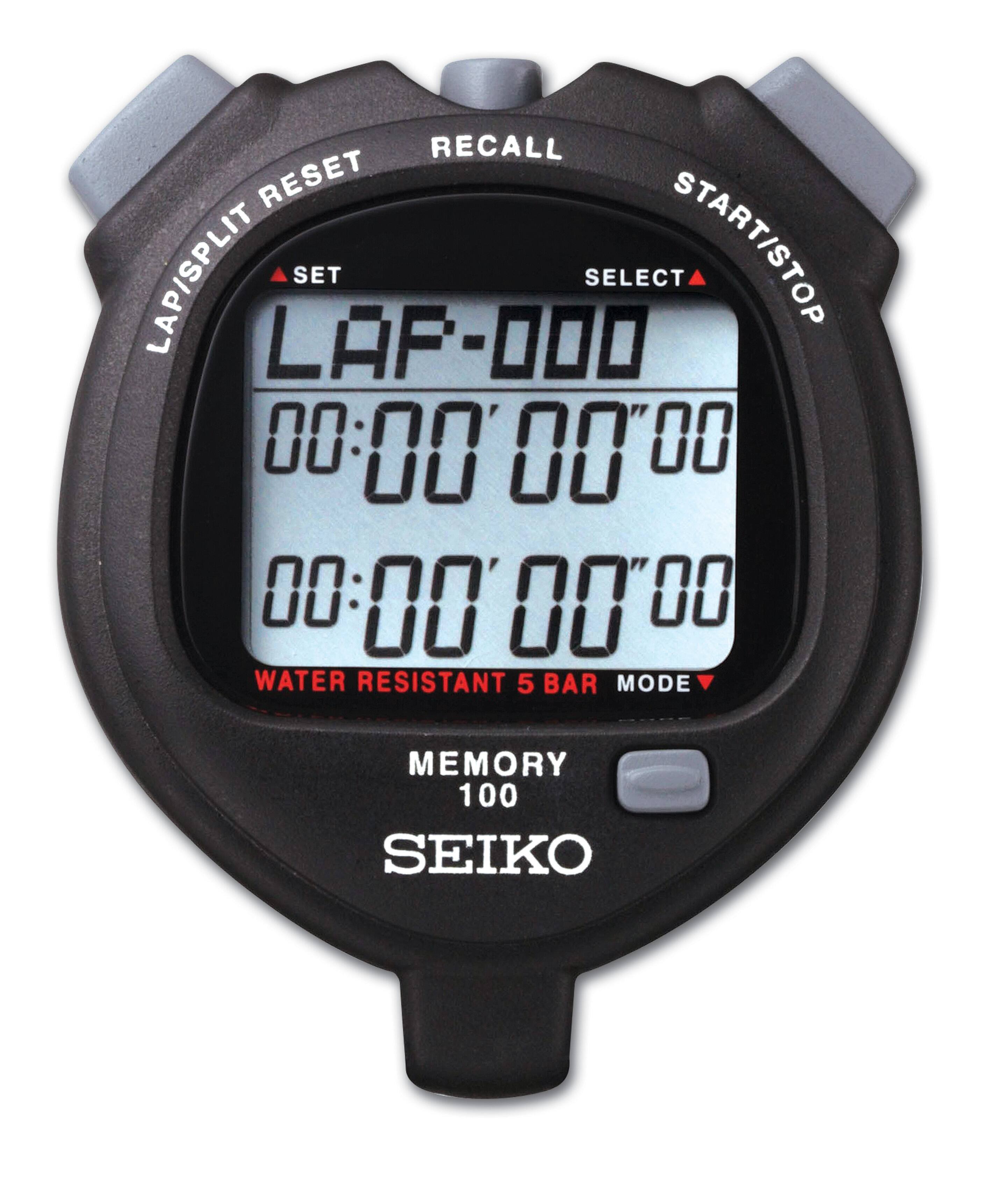 LAP/SPLIT RESET  
RECALL  
SET  
SELECT  
START/STOP  

LAP-000  
00:00'00"00  
00:00'00"00  

WATER RESISTANT 5 BAR MODE  

MEMORY 100  

SEIKO