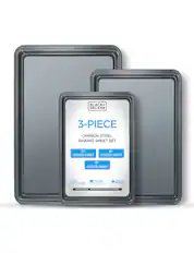 BLACK+ DECKER 3-PIECE CARBON STEEL BAKING SHEET SET 13" COOKIE SHEET 15" COOKIE SHEET 17" COOKIE SHEET Stackable Ceramic - non-sticking. FREE HEATS QUICKLY RETAINS HEAT AND COOLS QUICKLY