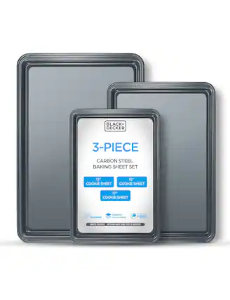 BLACK+ DECKER 3-PIECE CARBON STEEL BAKING SHEET SET 13" COOKIE SHEET 15" COOKIE SHEET 17" COOKIE SHEET Stackable Ceramic - non-sticking. FREE HEATS QUICKLY RETAINS HEAT AND COOLS QUICKLY