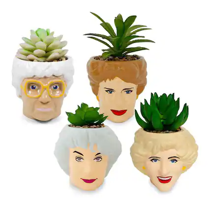 Front. Silver Buffalo - The Golden Girls Face Mini Ceramic Planter With Faux Succulent | Set of 4 - Multicolored.