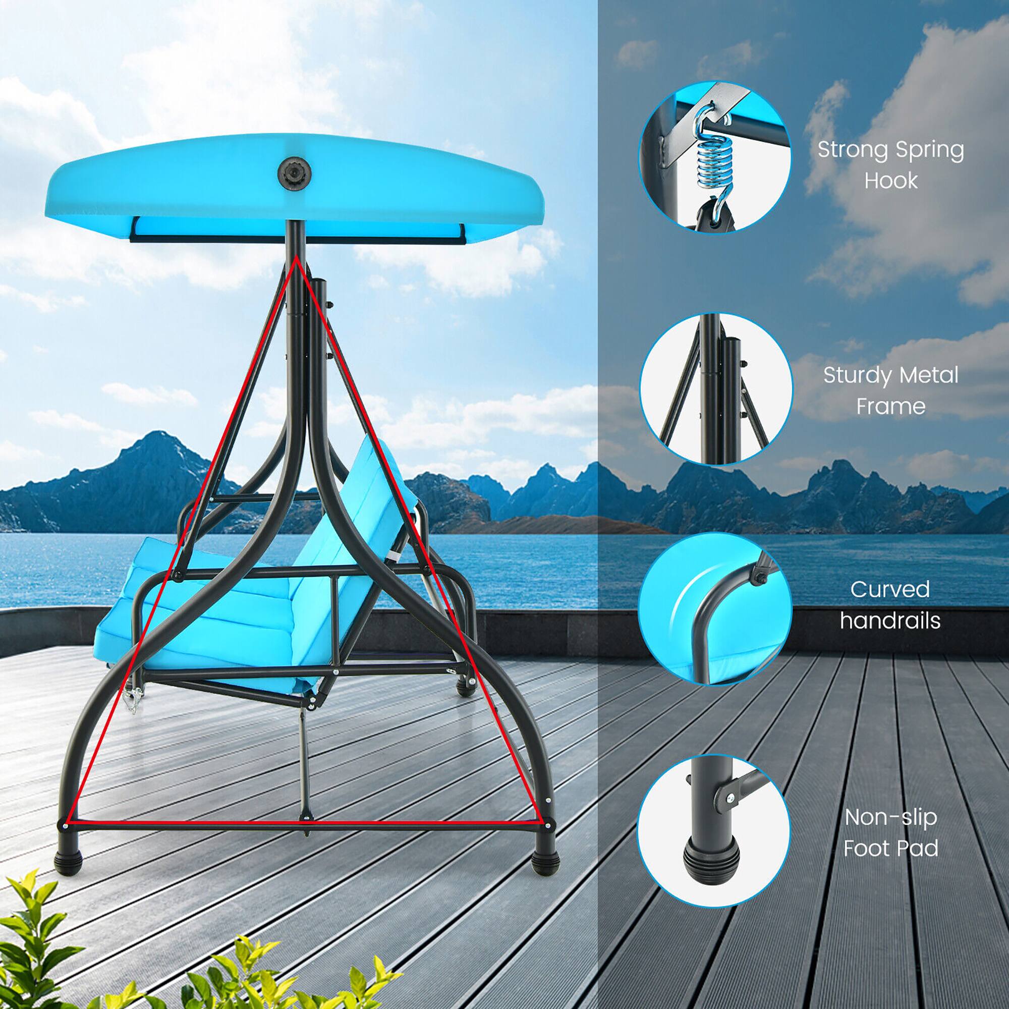 Alt View 7. Gymax - Gymax 3-Seat Outdoor Converting Patio Swing Glider Adjustable Canopy Porch Swing Blue - Blue.