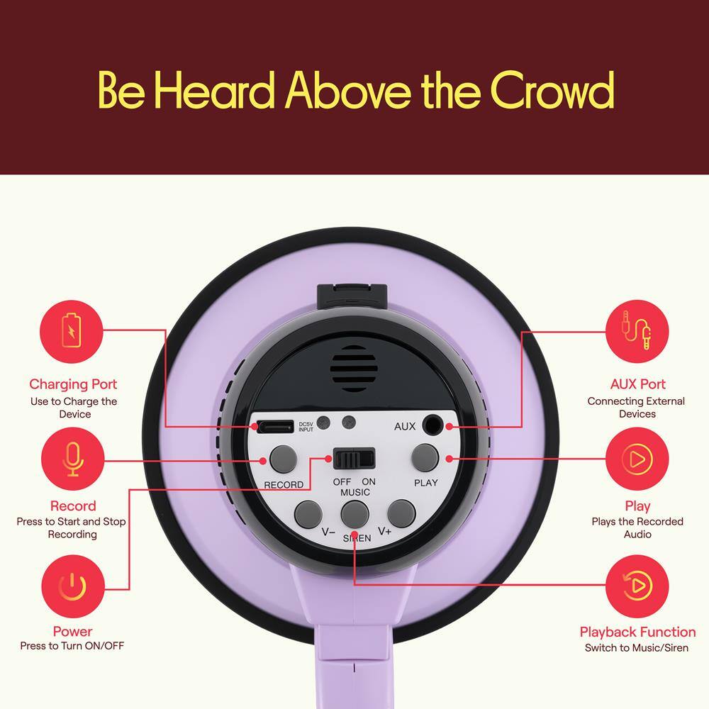 Be Heard Above the Crowd

Charging Port
Use to Charge the Device

AUX Port
Connecting External Devices

Record
Press to Start and Stop Recording

Play
Plays the Recorded Audio

Playback Function
Switch to Music/Siren

Power
Press to Turn ON/OFF