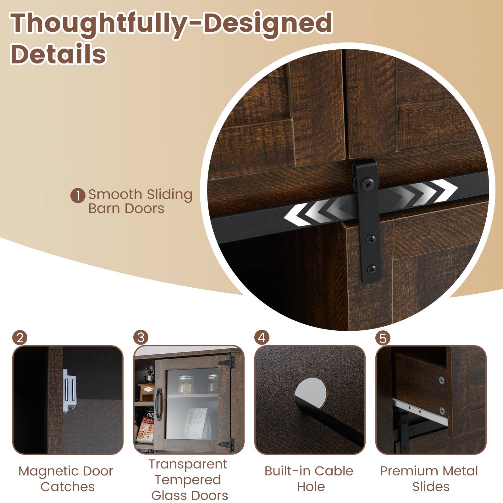 Thoughtfully-Designed Details

1. Smooth Sliding Barn Doors
2. Magnetic Door Catches
3. Transparent Tempered Glass Doors
4. Built-in Cable Hole
5. Premium Metal Slides