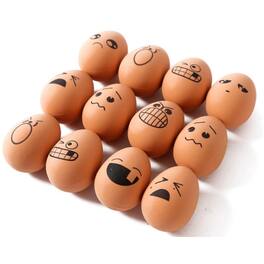 JuzToys - 24 Pieces Realistic Bouncing Easter Eggs with Emoticon Faces, Bouncy Rubber Toy Food Pretend Eggs Playset, Fake Eggs - Bown