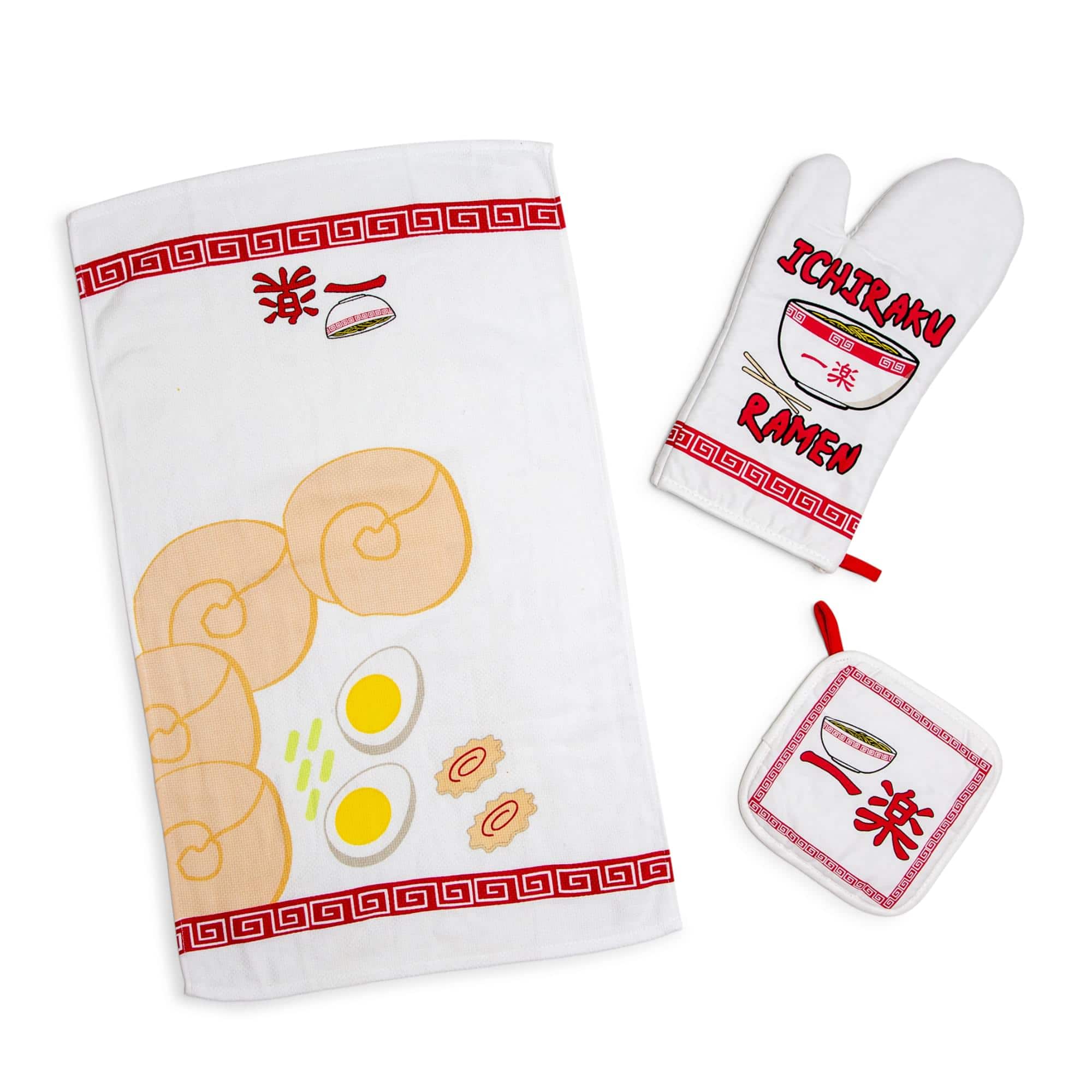 Just Funky - Naruto Ichiraku Ramen 3-Piece Kitchen Set | Oven Mitt, Dish Towel, Pot Holder - White