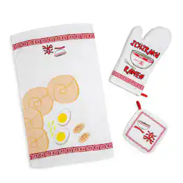 Just Funky - Naruto Ichiraku Ramen 3-Piece Kitchen Set | Oven Mitt, Dish Towel, Pot Holder - White