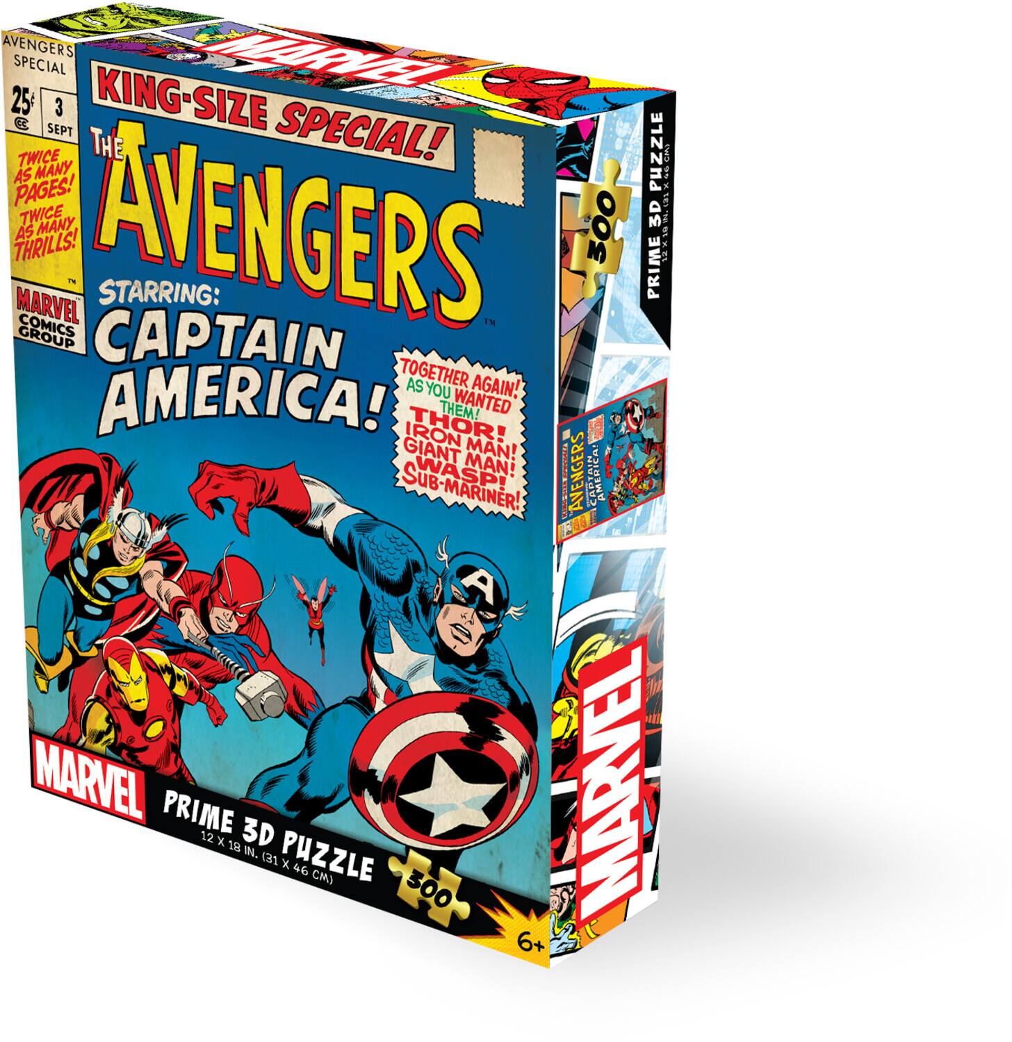 AVENGERS 25 SPECIAL KING-SIZE LRVEL 3 SEPT SPECIAL! TWICE THE PUZZLE AS MANY PAGES! TWICE MANY AVENGERS 300 3D AS THRILLS! STARRING: CAPTAIN AMERICA! YOU WANTED THEM! IRON MAN! THOR! GIANT MAN! WASP! SUB-MARINER! MARVEL PRIME MARVEL 12 x 18 IN. (31 x 46 CM) 300 6+