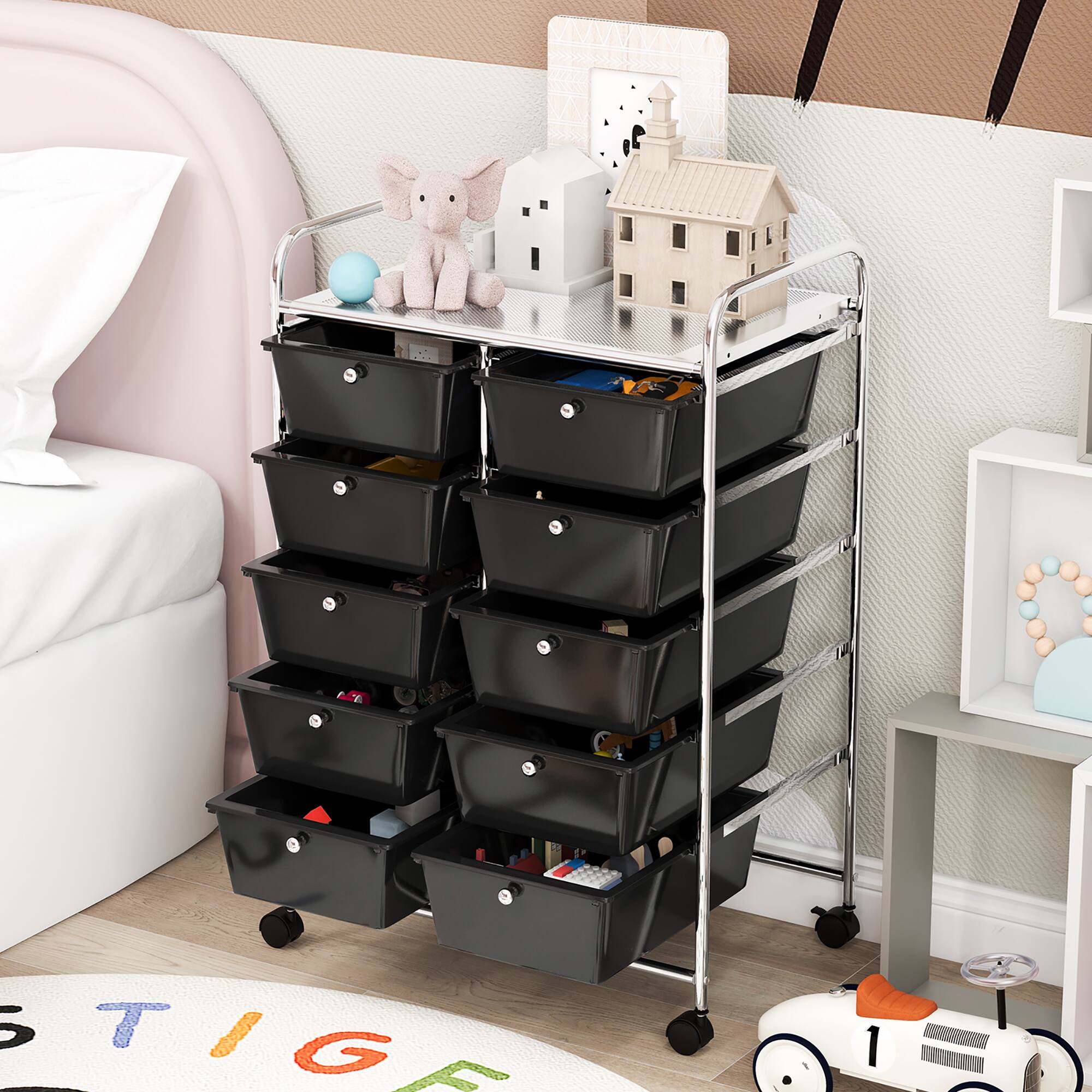 Alt View 4. Gymax - Gymax 10-Drawer Rolling Storage Cart Tools Scrapbook Paper Organizer on Wheels Black - Black.