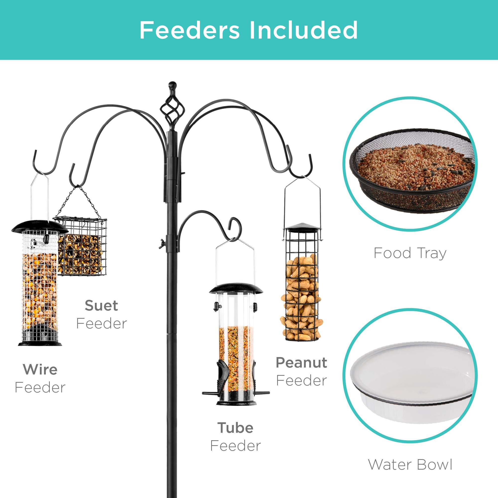 Feeders Included

- Suet Feeder
- Wire Feeder
- Tube Feeder
- Peanut Feeder
- Food Tray
- Water Bowl