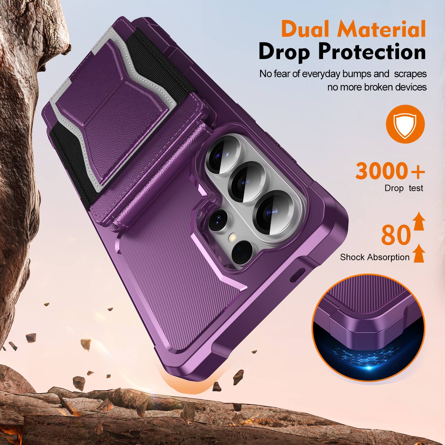 Dual Material Drop Protection  
No fear of everyday bumps and scrapes, no more broken devices  

3000+ Drop test  
80 Shock Absorption