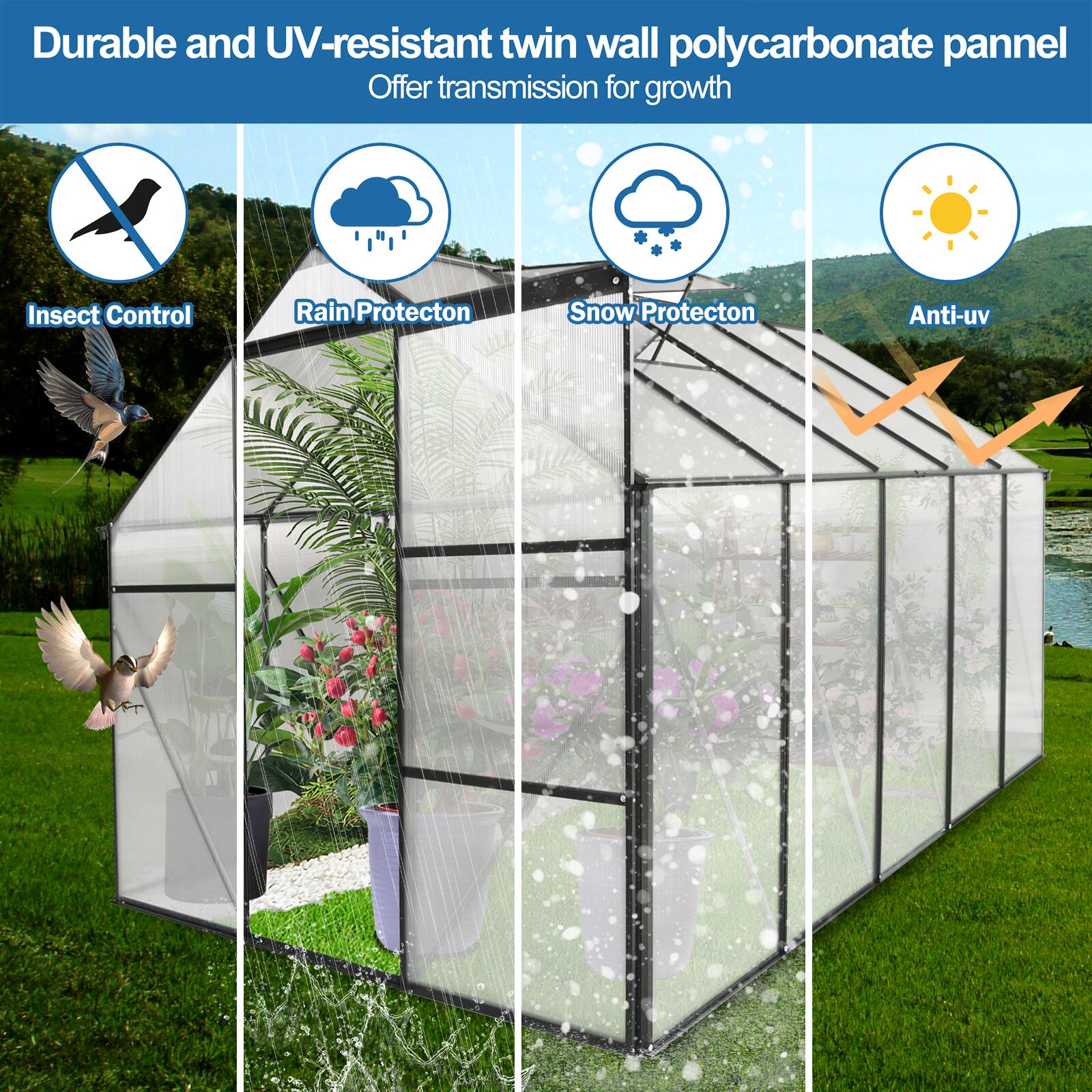 Durable and UV-resistant twin wall polycarbonate panel  
Offer transmission for growth  

- Insect Control  
- Rain Protection  
- Snow Protection  
- Anti-uv