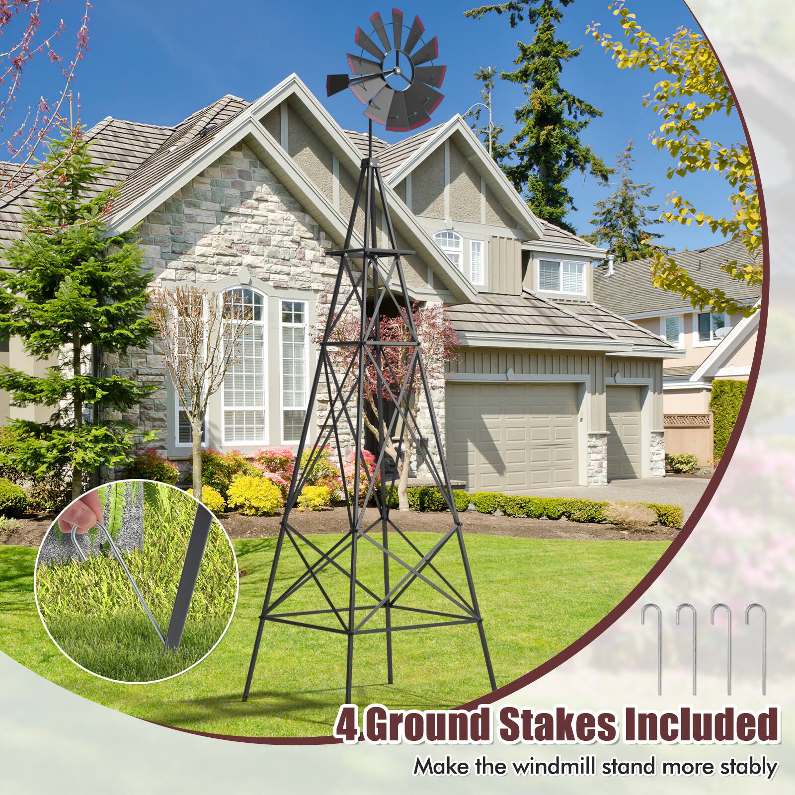 "4 Ground Stakes Included: Make the windmill stand more stably."