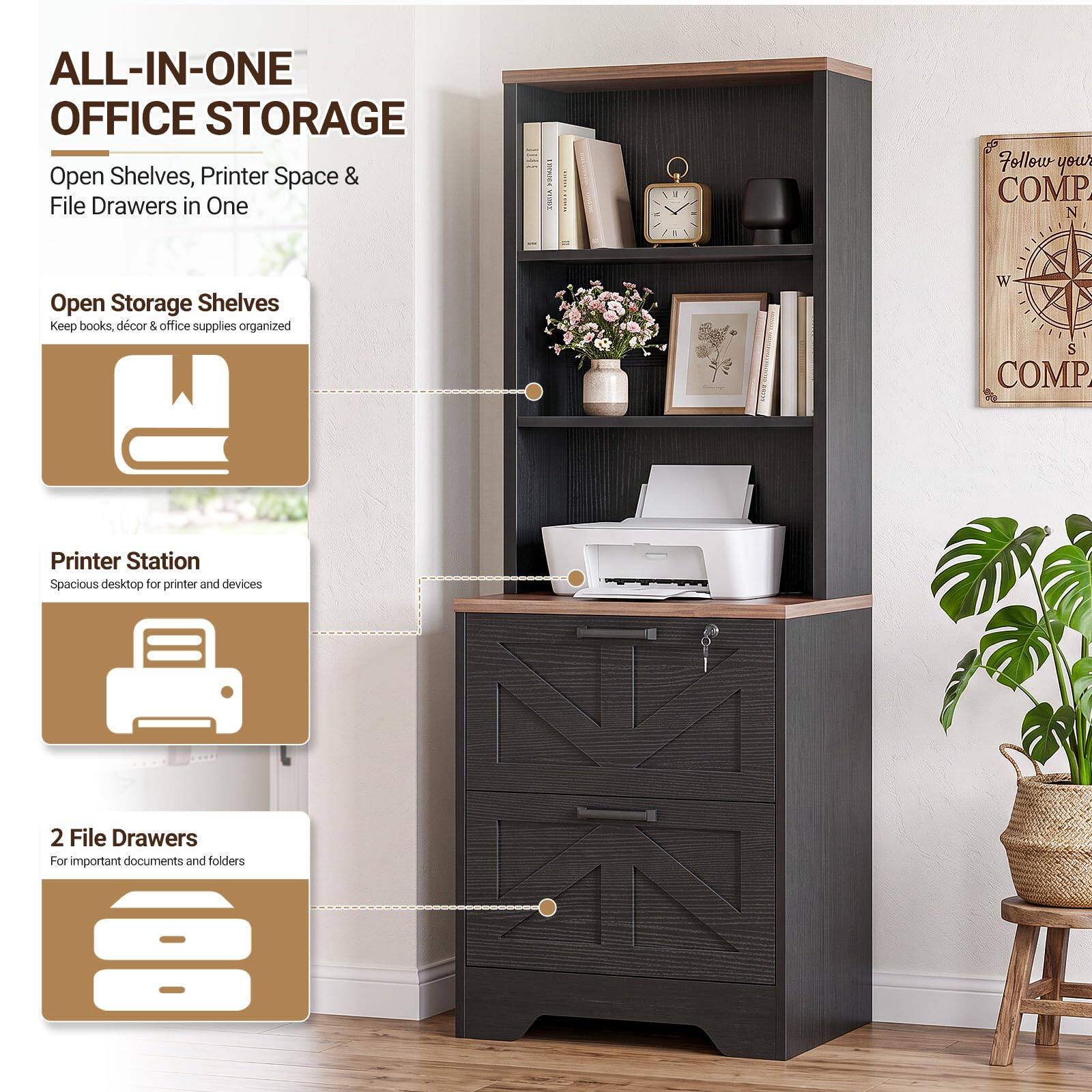 ALL-IN-ONE OFFICE STORAGE  
Open Shelves, Printer Space & File Drawers in One

Open Storage Shelves  
Keep books, décor & office supplies organized

Printer Station  
Spacious desktop for printer and devices

2 File Drawers  
For important documents and folders