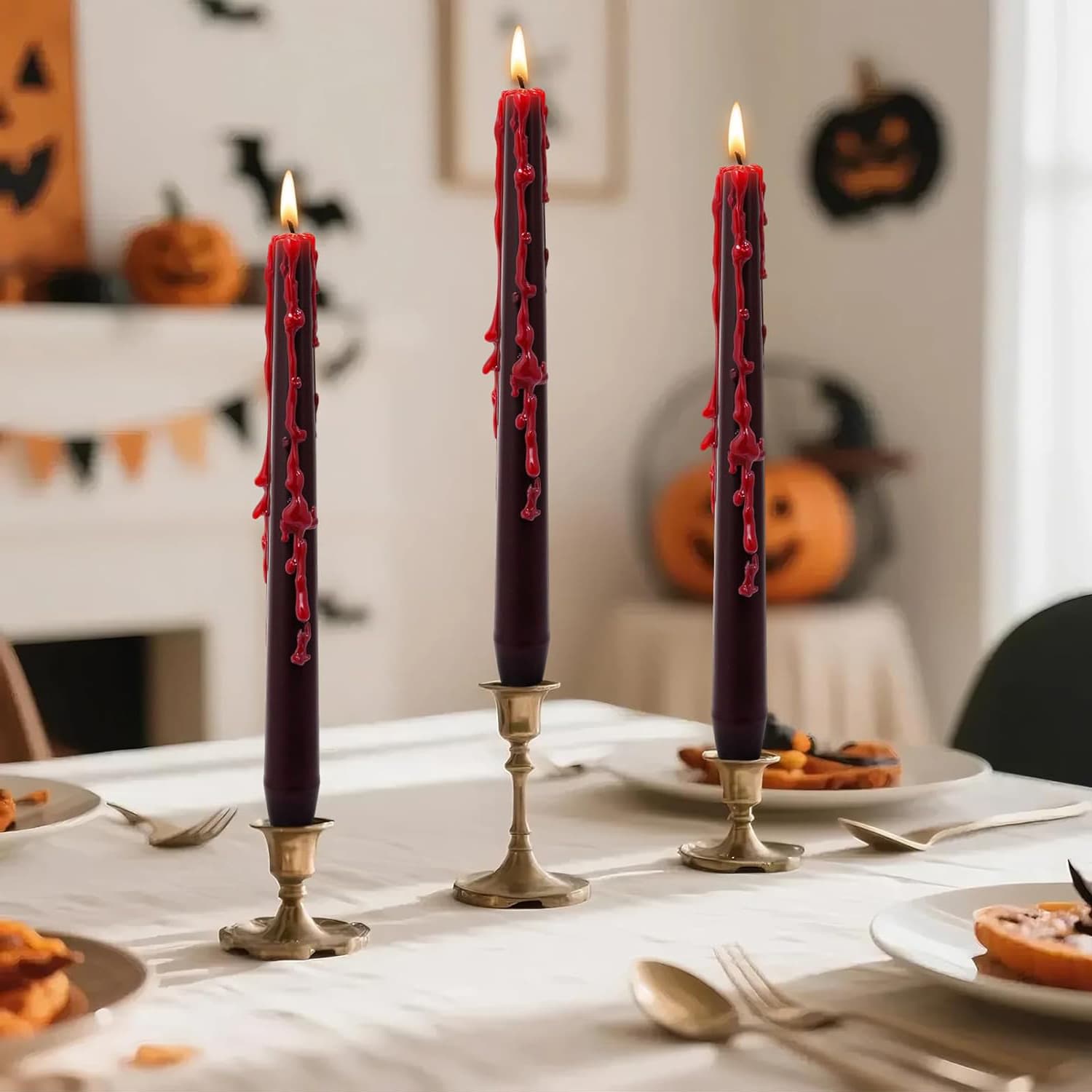 Alt View 4. FINEAK - 8 Pack 10-Inch Vampire Tears Bleeding Taper Candles: Unscented Black, Spooky Blood Drip,For Halloween Parties - Black.