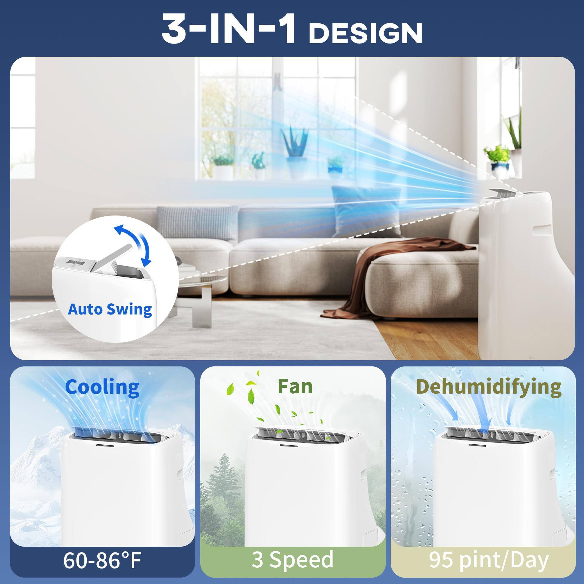 3-IN-1 DESIGN

Auto Swing

Cooling  
60-86°F

Fan  
3 Speed

Dehumidifying  
95 pint/Day