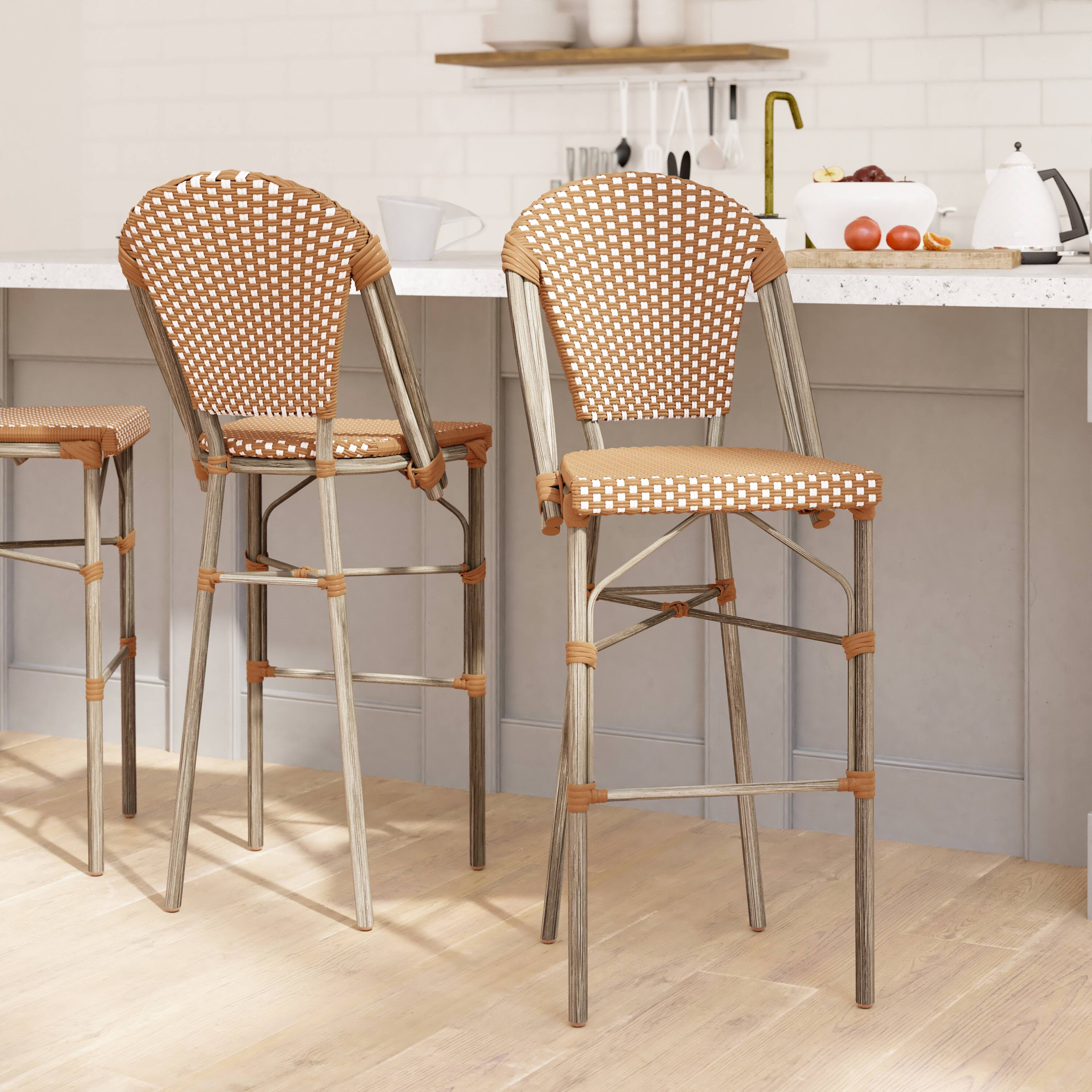 Alt View 2. Emma + Oliver - Colmar Set of Two Indoor/Outdoor 30" High Stacking Bistro Counter Stools with Patterned Seat and Back and Metal Frames - Natural & White/Light Natural Frame.