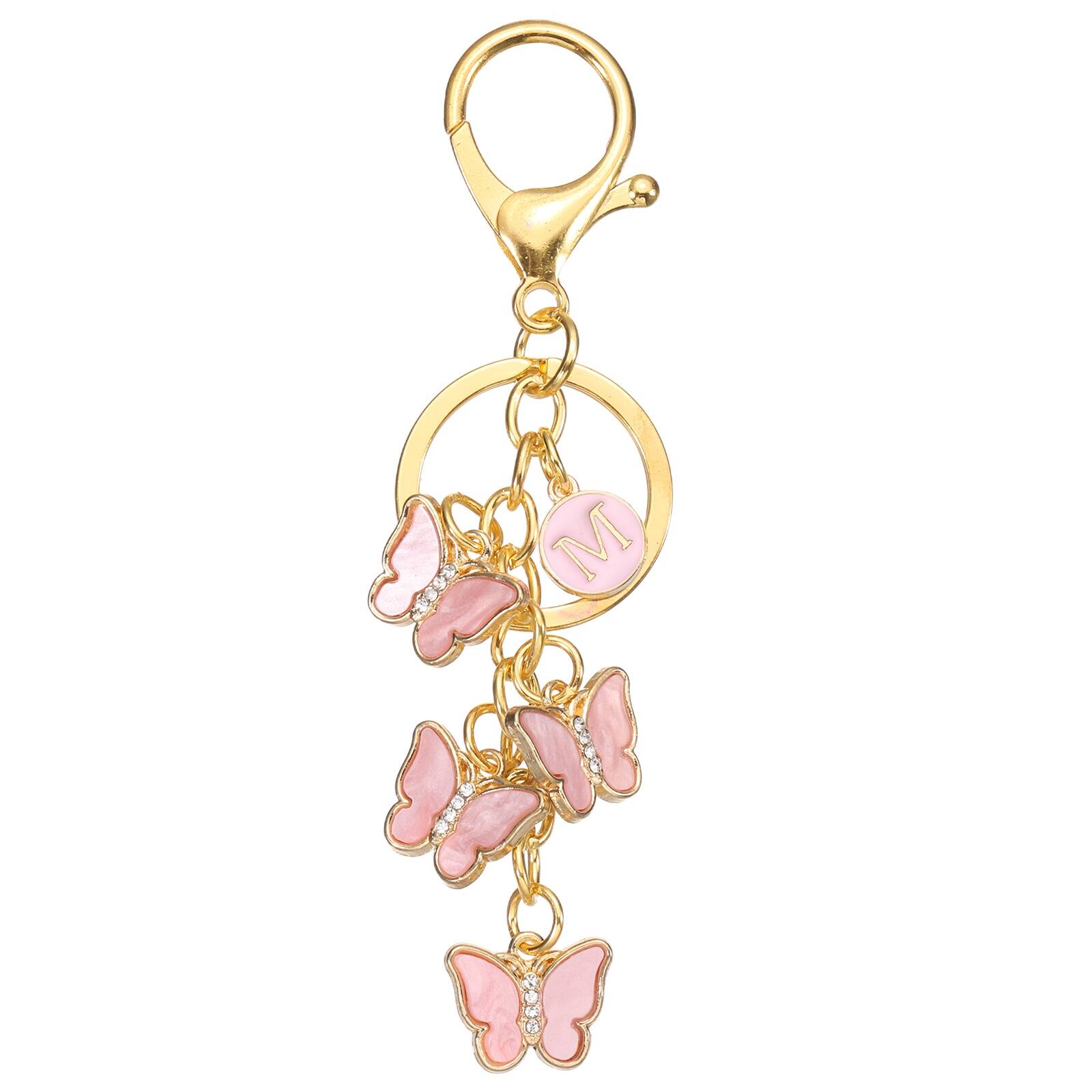 Unique Bargains - Butterfly Initial Letter Keychain, Alphabet M Metal Keyring, Cute Car Keys Holder Charm for Women Gift - Pink
