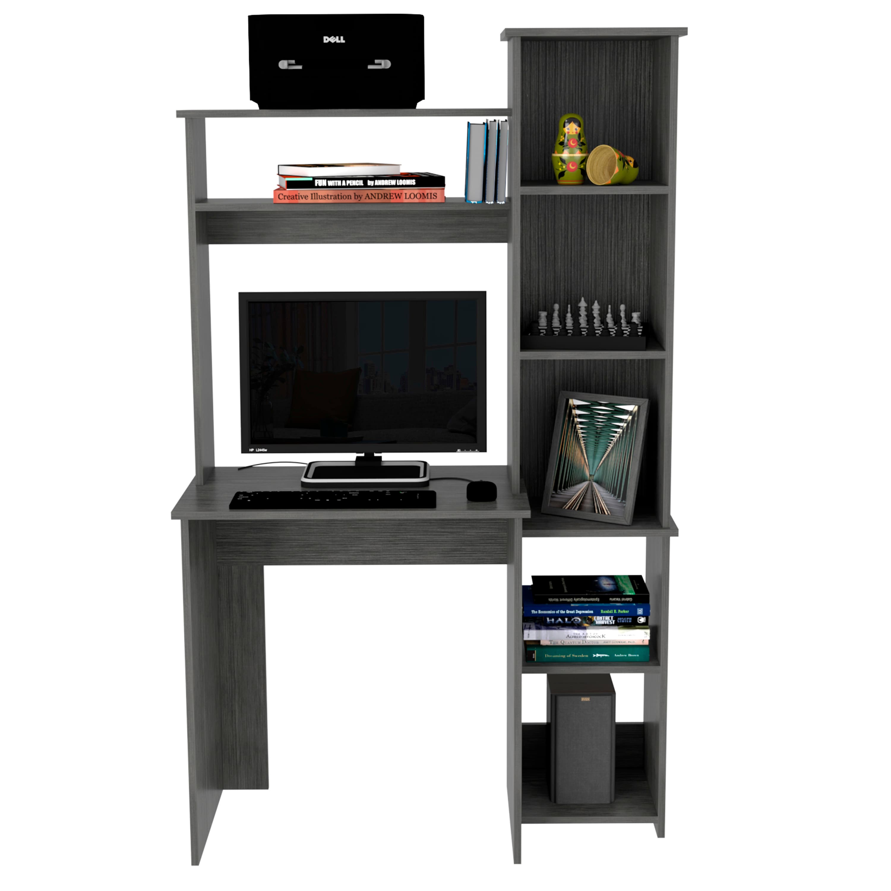 Spaco - Computer Writing Desk with 5 Cubbies, 3 Tier Shelves, 21 Inch Monitor Space, Home Office Study Writing Table - Gray