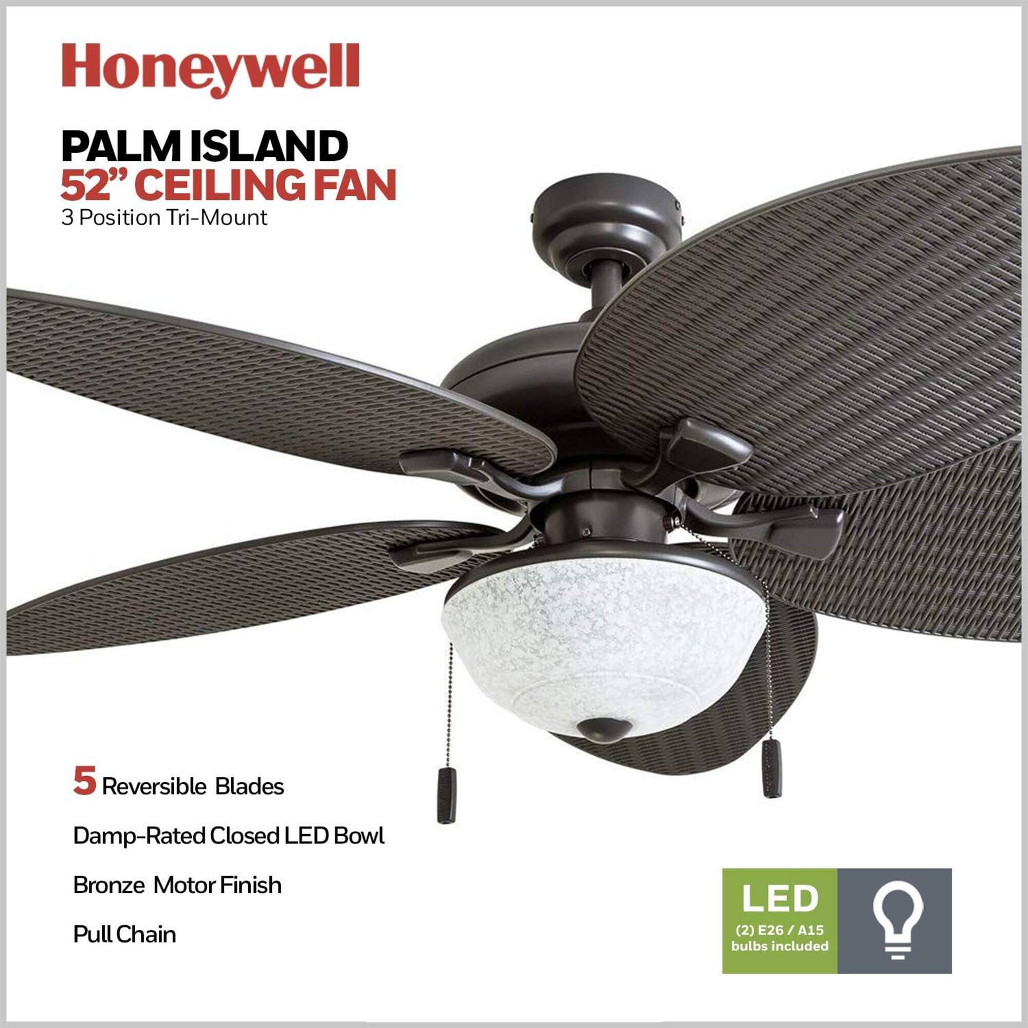 Honeywell PALM ISLAND 52" CEILING FAN 3 Position Tri-Mount 5 Reversible Blades Damp-Rated Closed LED Bowl Bronze Motor Finish Pull Chain LED (2) E26 / A15 bulbs included