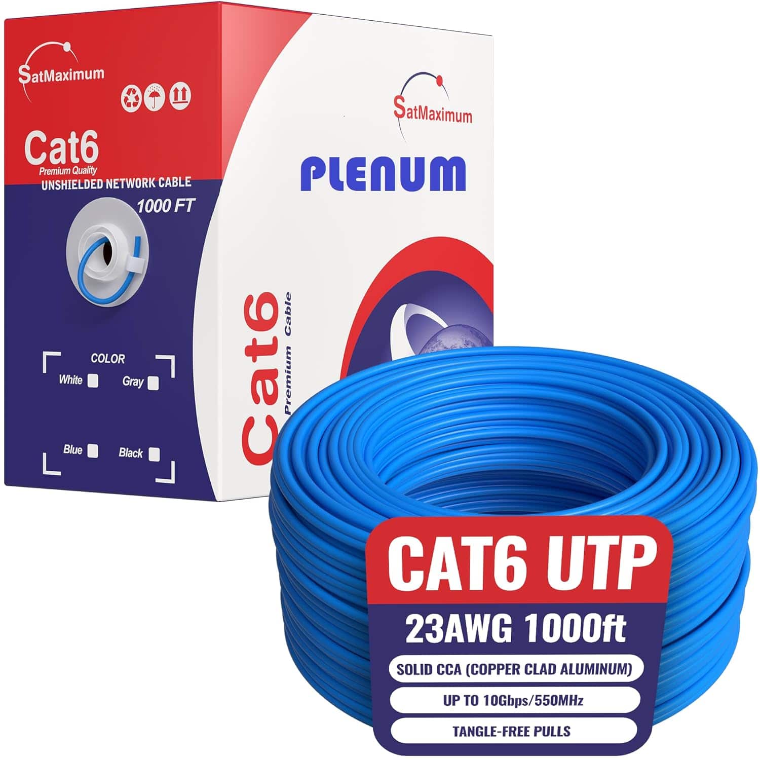 Cables Direct Online - CAT6 1000FT Plenum CMP Ethernet Cable 550MHz 23AWG UTP RJ45 LAN Bulk Network Wire CCA Copper Clad Aluminum, Blue