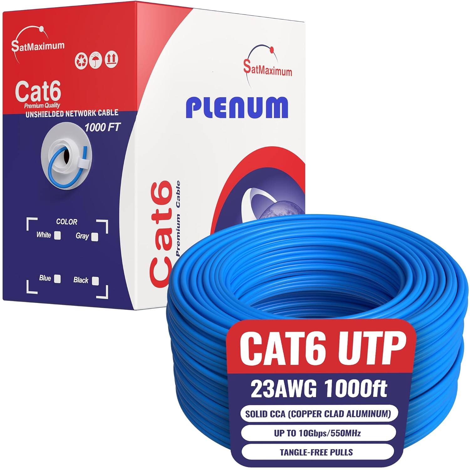 SatMaximum Cat6 Premium Quality UNSHIELDED NETWORK CABLE 1000 FT COLOR White Gray Blue Black SatMaximum PLENUM Cable Cat6 Premium CAT6 UTP 23AWG 1000ft SOLID CCA (COPPER CLAD ALUMINUM) UP TO 10Gbps/550MHz TANGLE-FREE PULLS