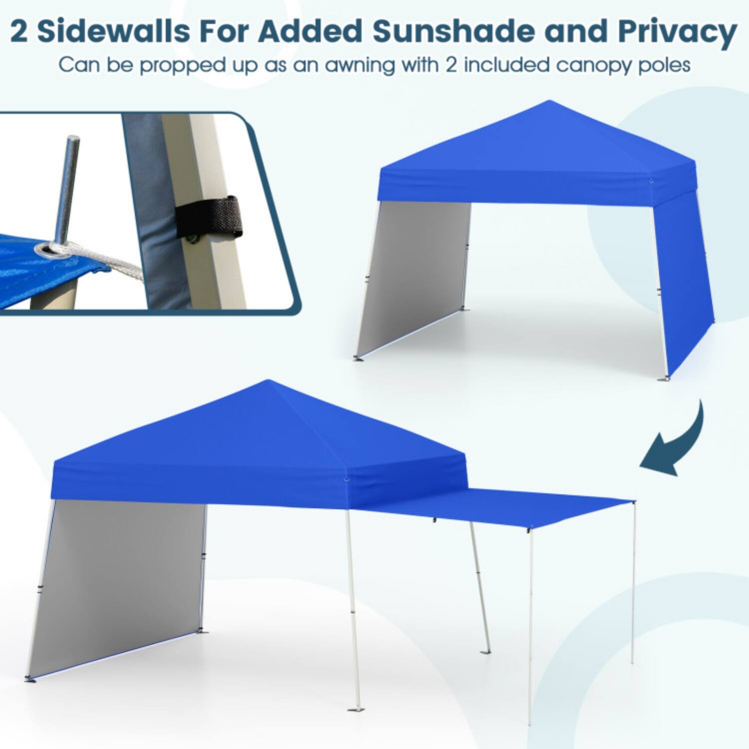 2 Sidewalls For Added Sunshade and Privacy  
Can be propped up as an awning with 2 included canopy poles