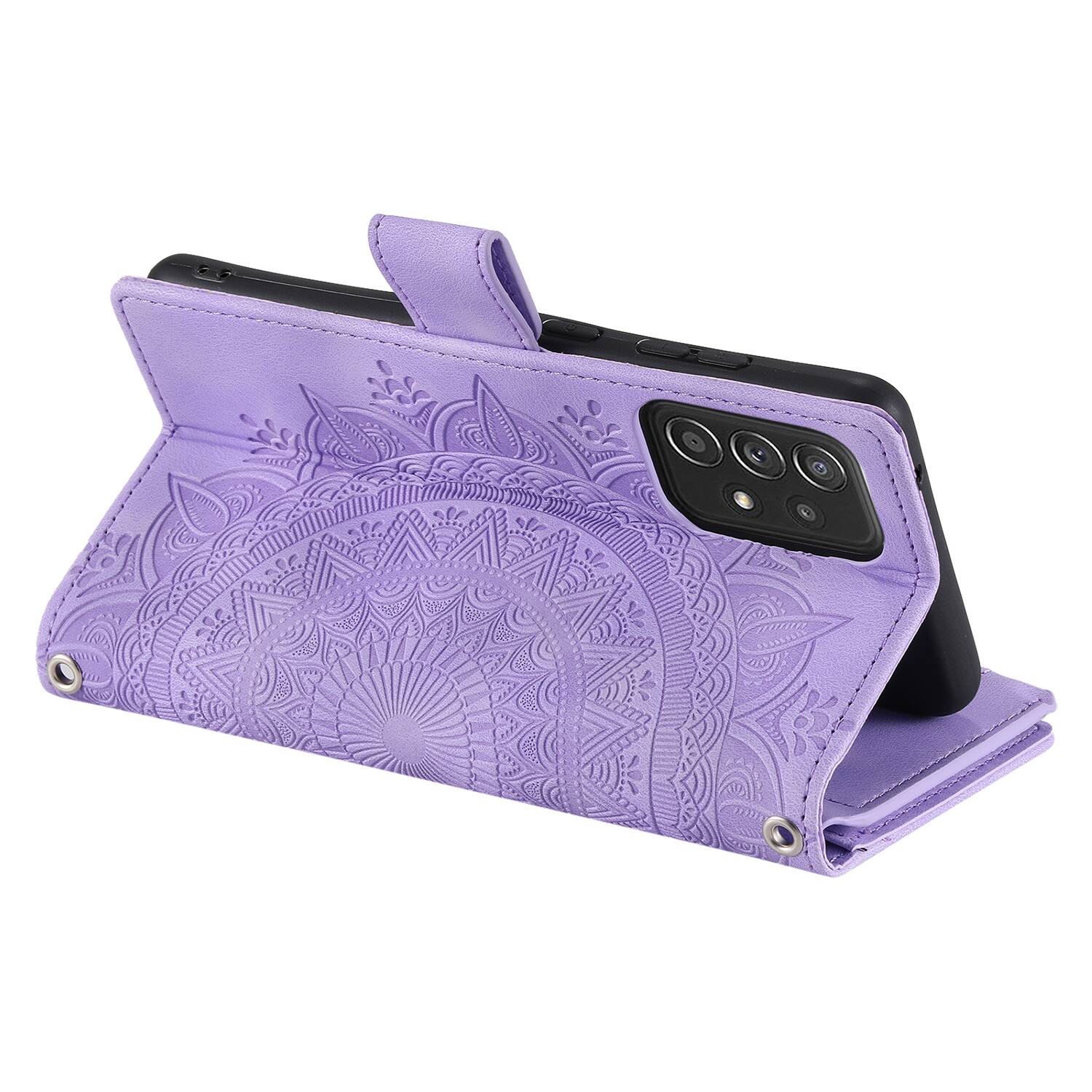 Back. Dteck - Wallet Case for Samsung Galaxy A57 Zipper Pocket Flowers PU Leather Flip Stand Cover With Crossbody Strap - Purple.