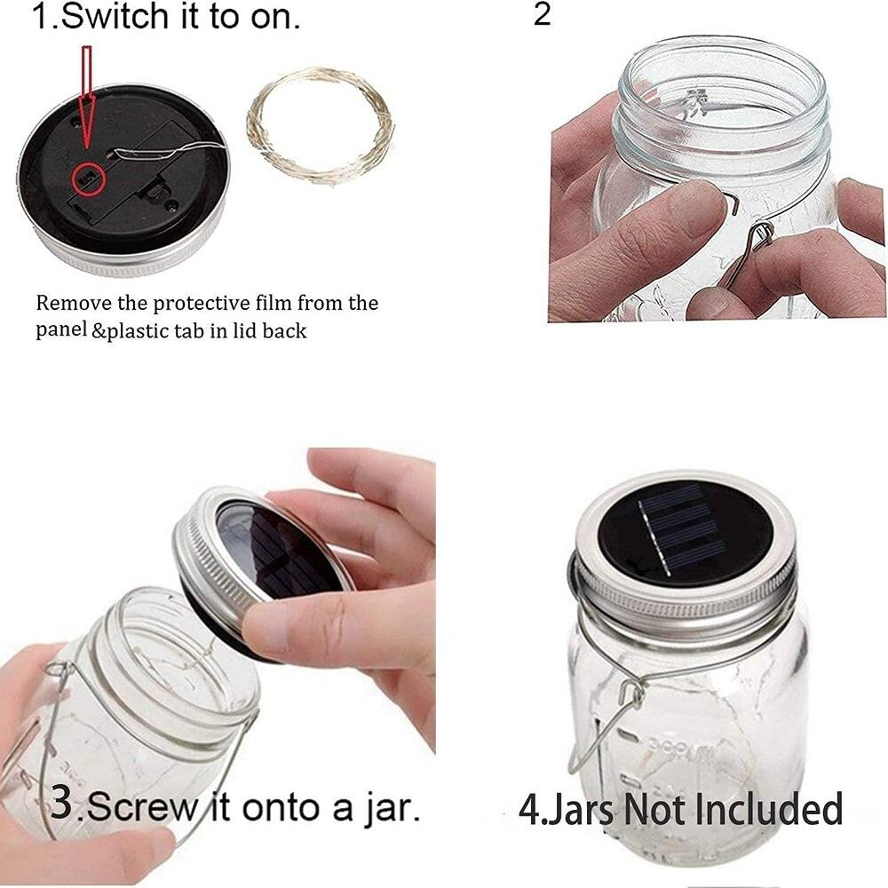 1. Switch it to on.

2. Remove the protective film from the panel & plastic tab in lid back.

3. Screw it onto a jar.

4. Jars Not Included