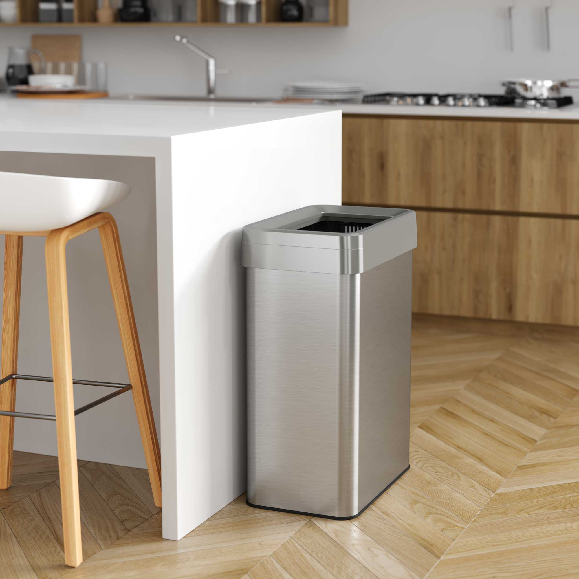 Left. iTouchless - 18 Gallon Stainless Steel Rectangular Open Top Kitchen Trash Can with Wheels and Dual AbsorbX Odor Filters - Silver.